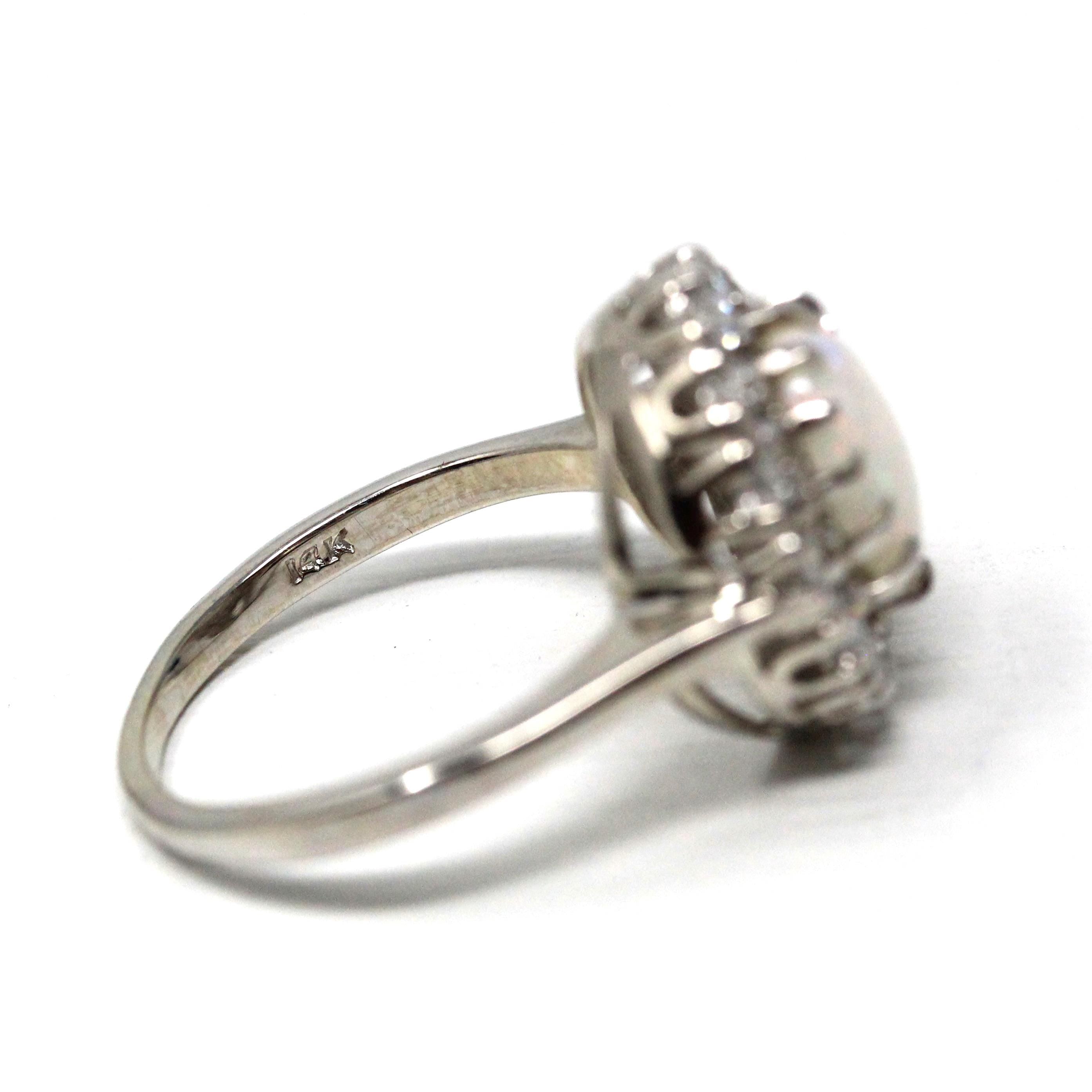 Vintage Opal & Diamond Halo Ring - Mid Century 14k White Gold Natural Gems - Retro Circa 1950s Era Size 6 1/2 Rainbow Cluster Fine Jewelry