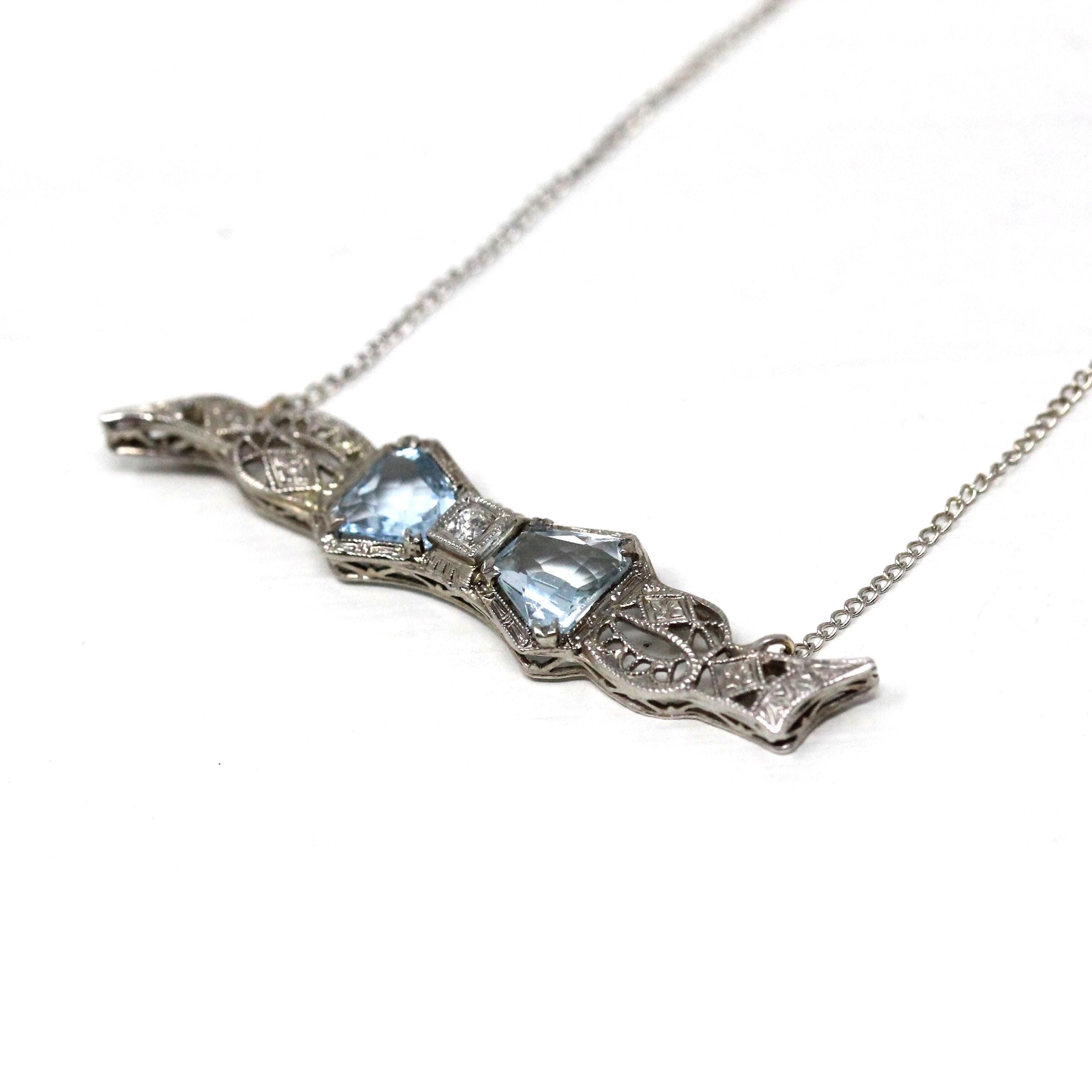 Aquamarine Bow Necklace - Art Deco 14k White Gold Filigree .06 CT Diamond Pin Conversion Bar Pendant - Vintage Circa 1930s Era Fine Jewelry