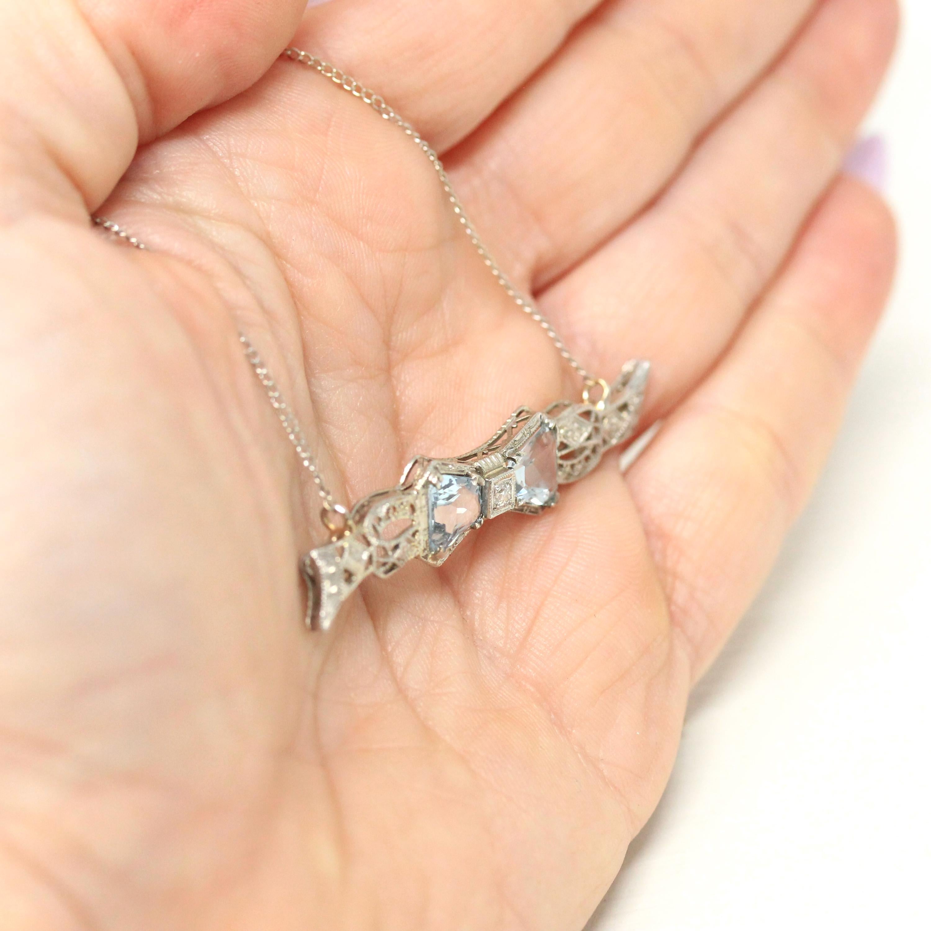 Aquamarine Bow Necklace - Art Deco 14k White Gold Filigree .06 CT Diamond Pin Conversion Bar Pendant - Vintage Circa 1930s Era Fine Jewelry