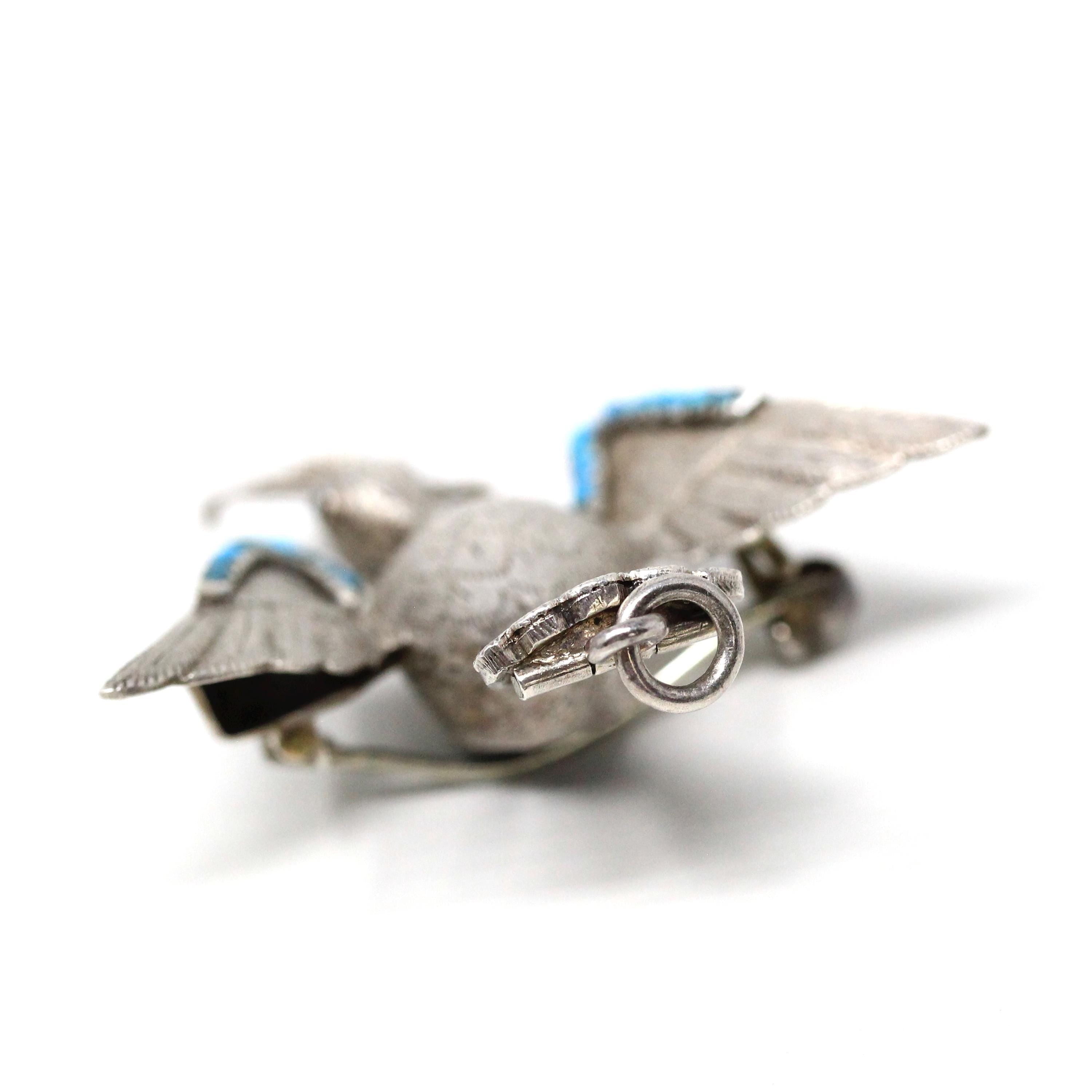 Silver Bird Brooch - Retro Era Handmade Silver & Turquoise Gemstones Avian Pendant - Vintage Circa 1940s Perfume Compartment Fine Jewelry