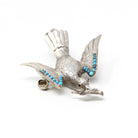 Silver Bird Brooch - Retro Era Handmade Silver & Turquoise Gemstones Avian Pendant - Vintage Circa 1940s Perfume Compartment Fine Jewelry