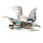 Silver Bird Brooch - Retro Era Handmade Silver & Turquoise Gemstones Avian Pendant - Vintage Circa 1940s Perfume Compartment Fine Jewelry