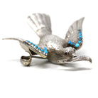 Silver Bird Brooch - Retro Era Handmade Silver & Turquoise Gemstones Avian Pendant - Vintage Circa 1940s Perfume Compartment Fine Jewelry