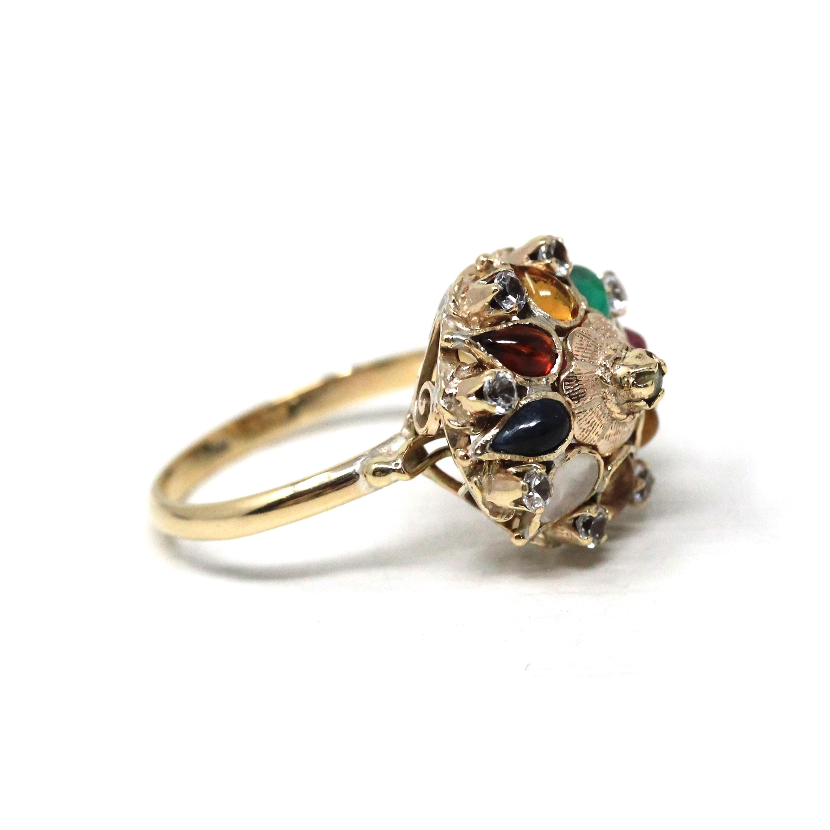 Thai Princess Ring - Retro 10k Yellow Gold Spinel Glass Tiger's Eye Ruby Sapphire Flower Gemstones - Vintage Circa 1960s Size 7 3/4 Jewelry