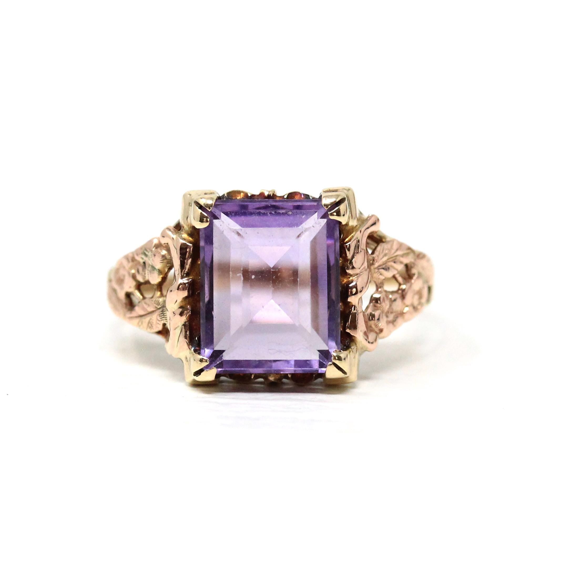 Vintage Amethyst Ring - Retro 10k Yellow & Rose Gold Natural Purple Faceted Gemstone - Circa 1940s Era Size 7 1/2 Two Tone Fine 40s Jewelry
