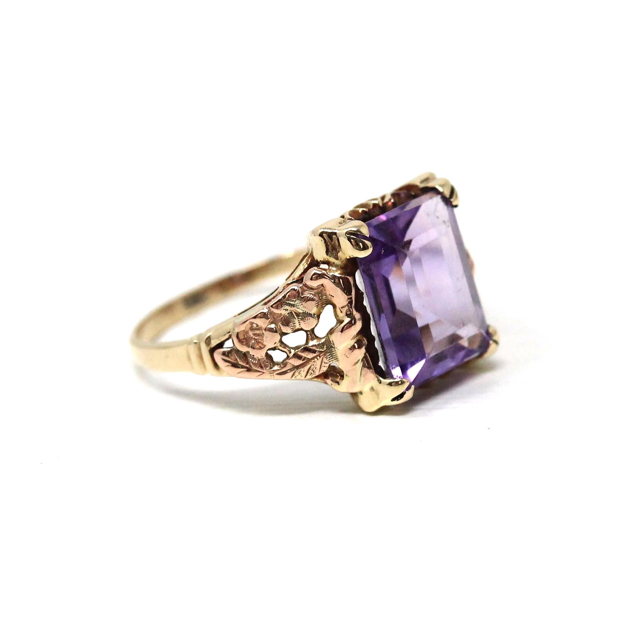 Vintage Amethyst Ring - Retro 10k Yellow & Rose Gold Natural Purple Faceted Gemstone - Circa 1940s Era Size 7 1/2 Two Tone Fine 40s Jewelry