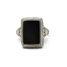 Vintage Onyx Ring - Art Deco 10k White Gold Natural Black & White Gemstone Statement - Circa 1930s Size 6 1/2 Fine Floral Filigree Jewelry