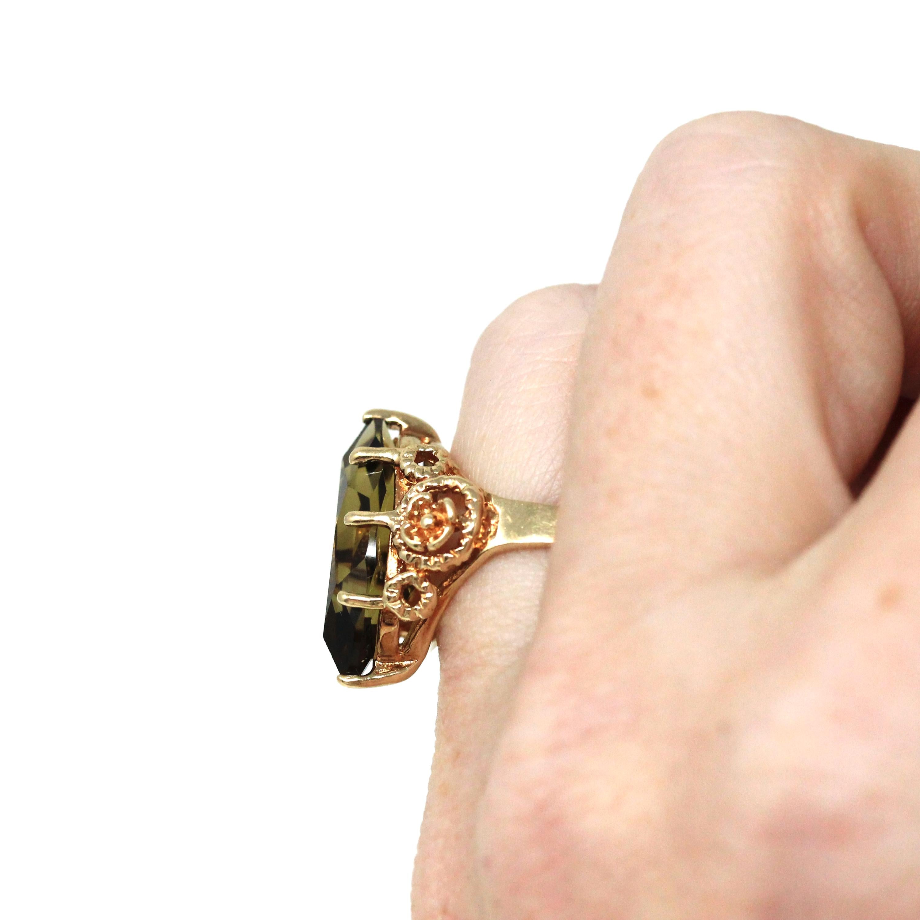 Vintage Quartz Ring - Retro 10k Yellow Gold Marquise Cut Natural Brown Faceted Gemstone - Circa 1970s Size 5 Flower Trubrite Fine Jewelry