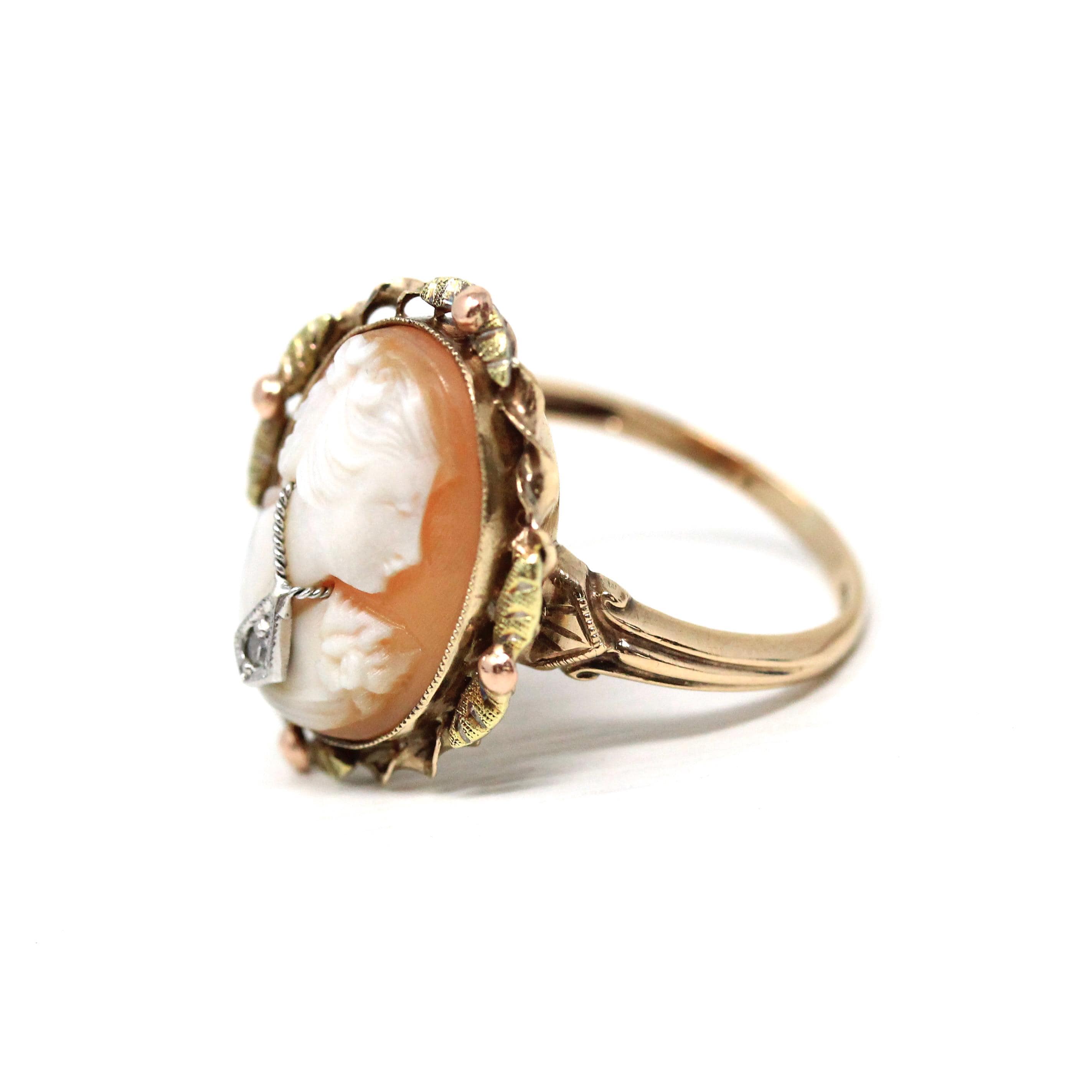 Vintage Cameo Ring - Retro 10k Yellow Gold Diamond Habillé Organic Oval Carved Shell - Circa 1940s Size 6 Woman Portrait Fine 40s Jewelry