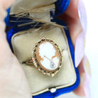 Vintage Cameo Ring - Retro 10k Yellow Gold Diamond Habillé Organic Oval Carved Shell - Circa 1940s Size 6 Woman Portrait Fine 40s Jewelry