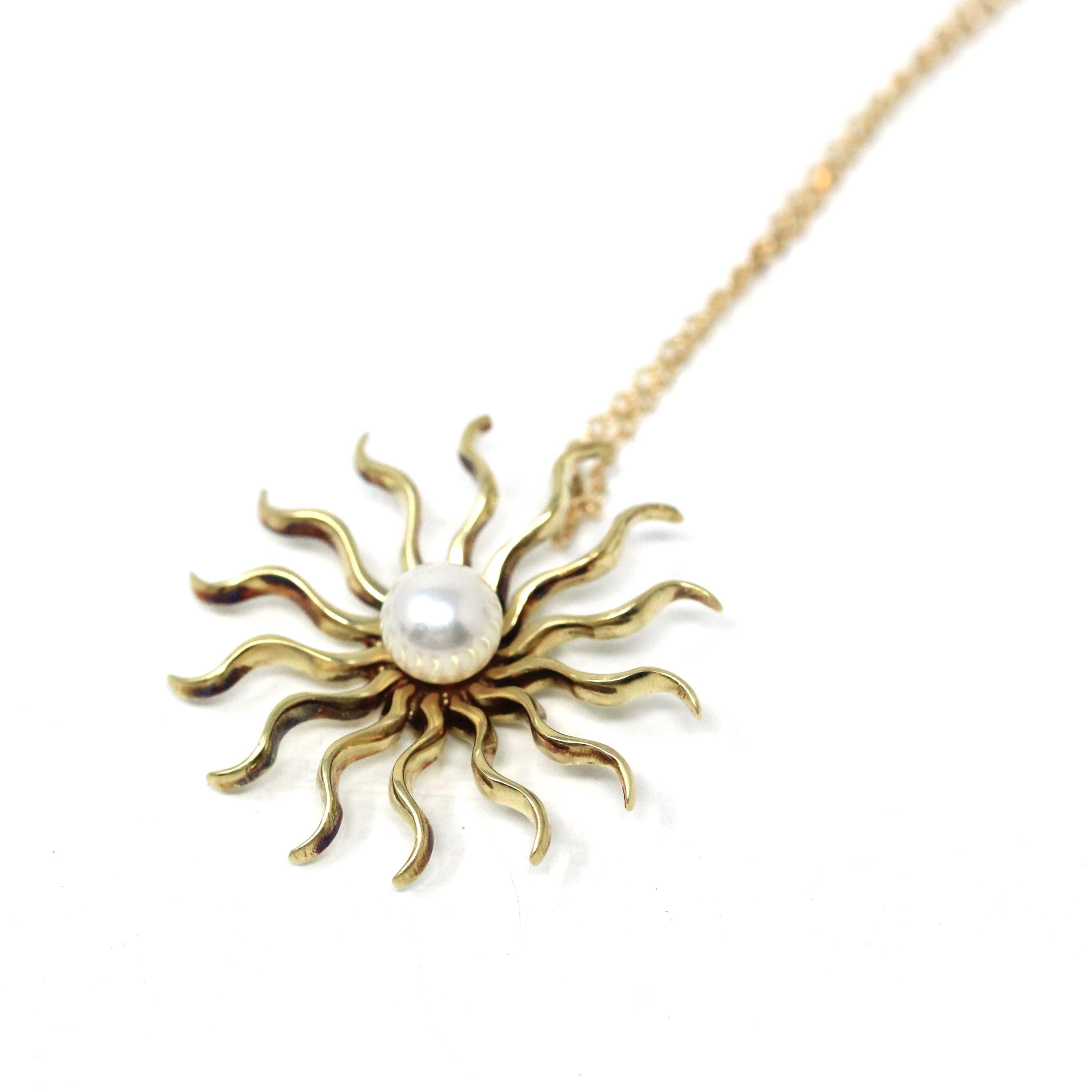 Antique Starburst Necklace - Edwardian 14k Yellow Gold Cultured Pearl Brooch Pendant - Circa 1910s Era Wavy Sun Star Celestial Fine Jewelry