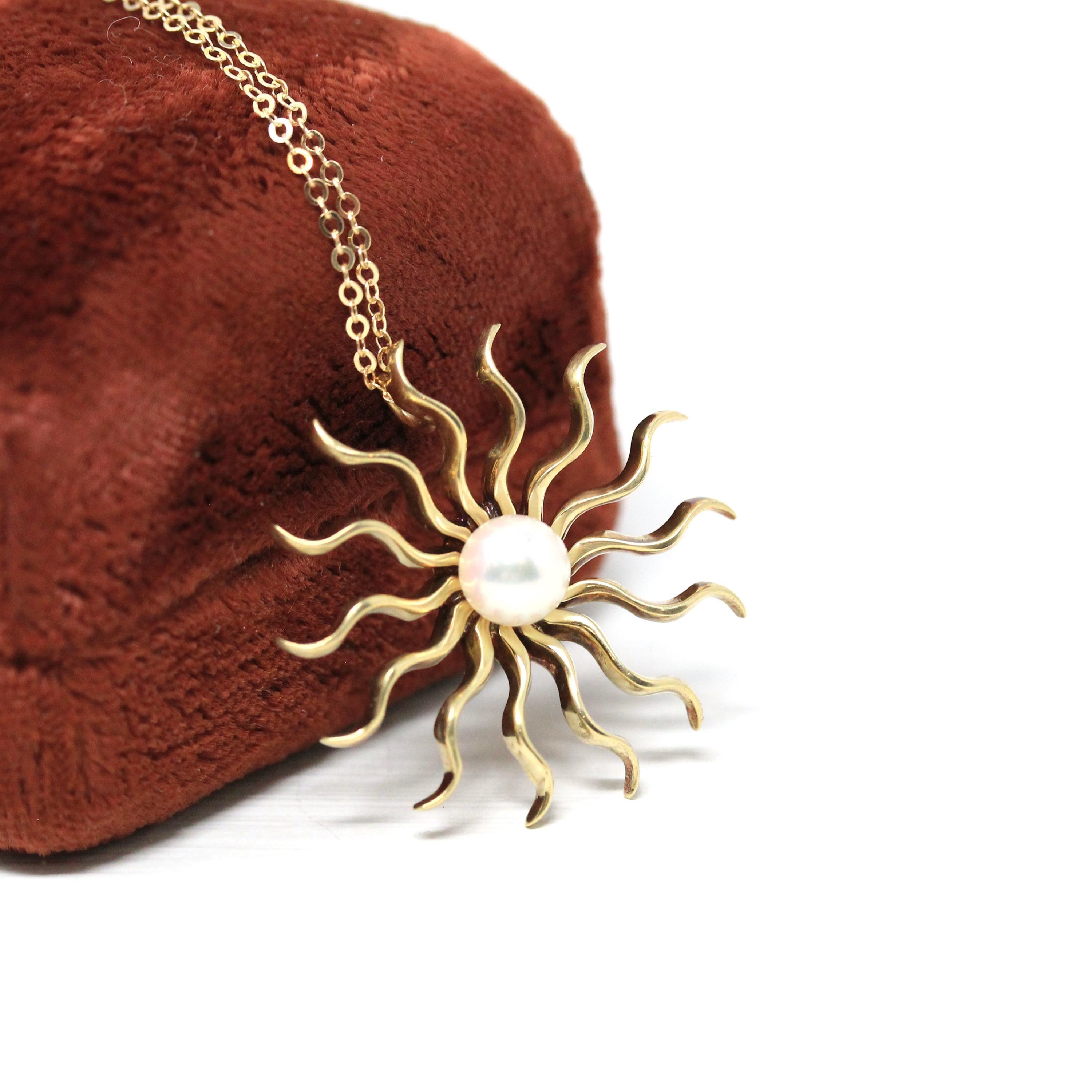 Antique Starburst Necklace - Edwardian 14k Yellow Gold Cultured Pearl Brooch Pendant - Circa 1910s Era Wavy Sun Star Celestial Fine Jewelry