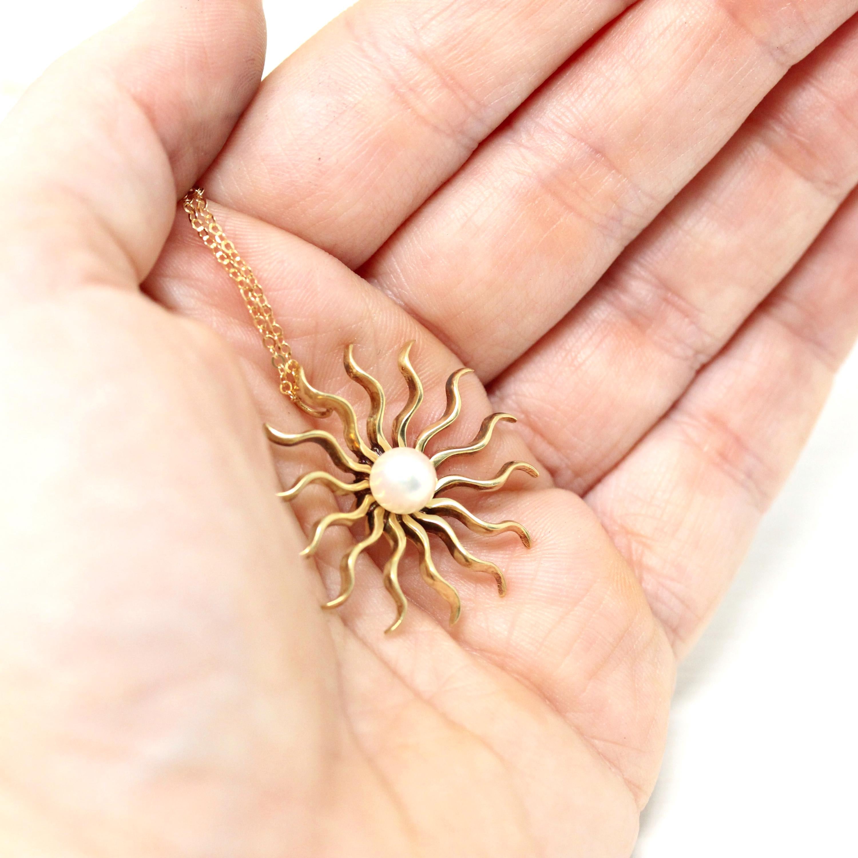 Antique Starburst Necklace - Edwardian 14k Yellow Gold Cultured Pearl Brooch Pendant - Circa 1910s Era Wavy Sun Star Celestial Fine Jewelry