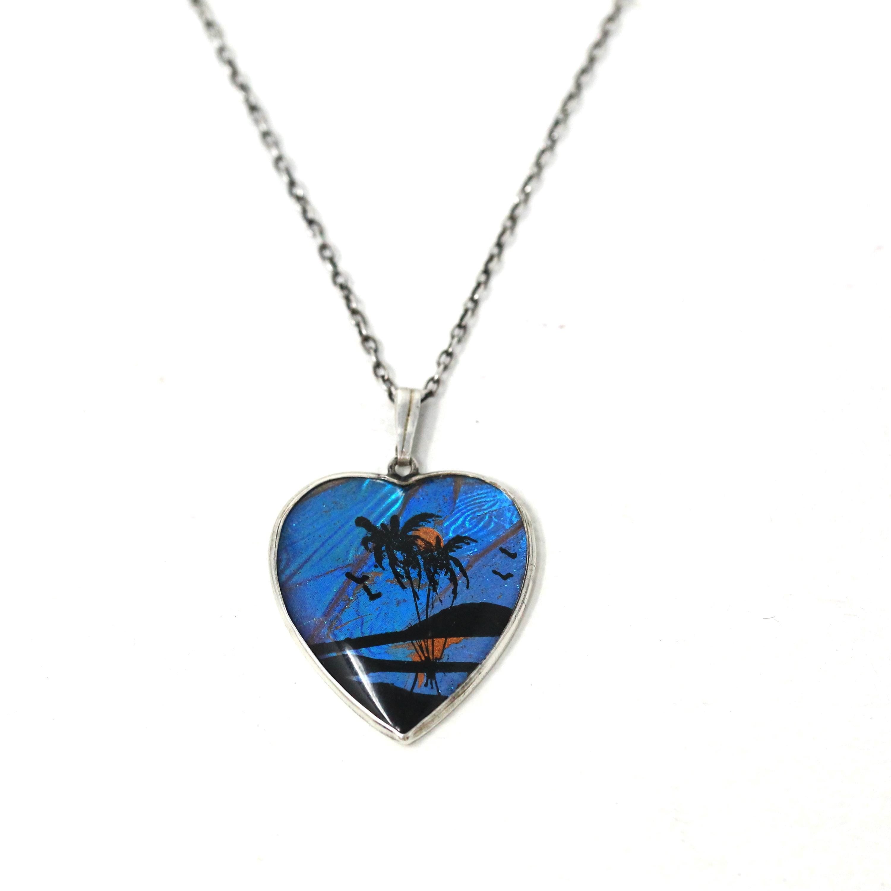 Morpho Butterfly Pendant - Art Deco Sterling Silver Blue Wing Heart Necklace - Vintage Circa 1930s Era Palm Tree Beach Sunset Insect Jewelry