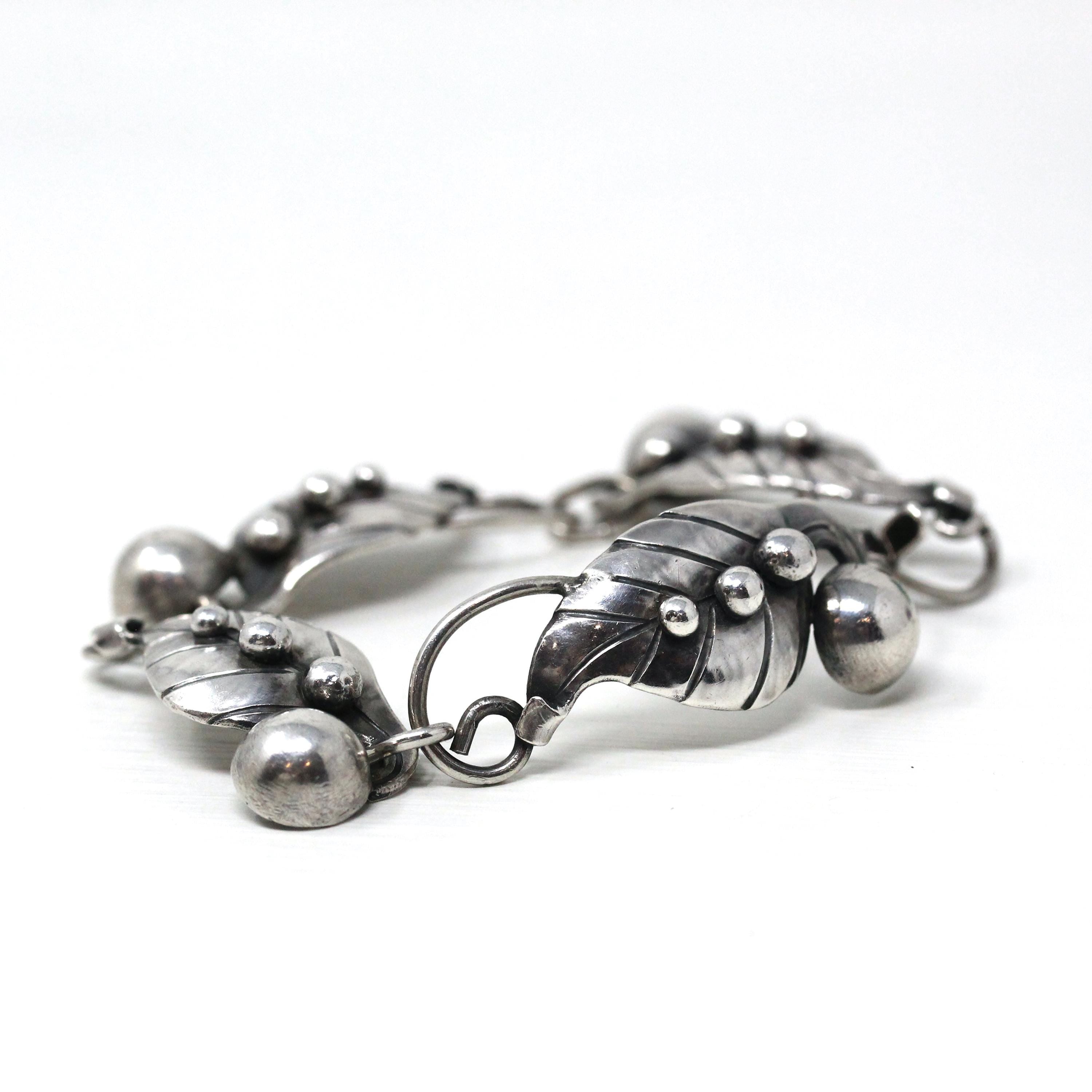 Vintage Leaf Bracelet - Retro Sterling Silver Berries Nature Inspired Panels Statement - Circa 1960s Era Fashion Accessory 60s Jewelry