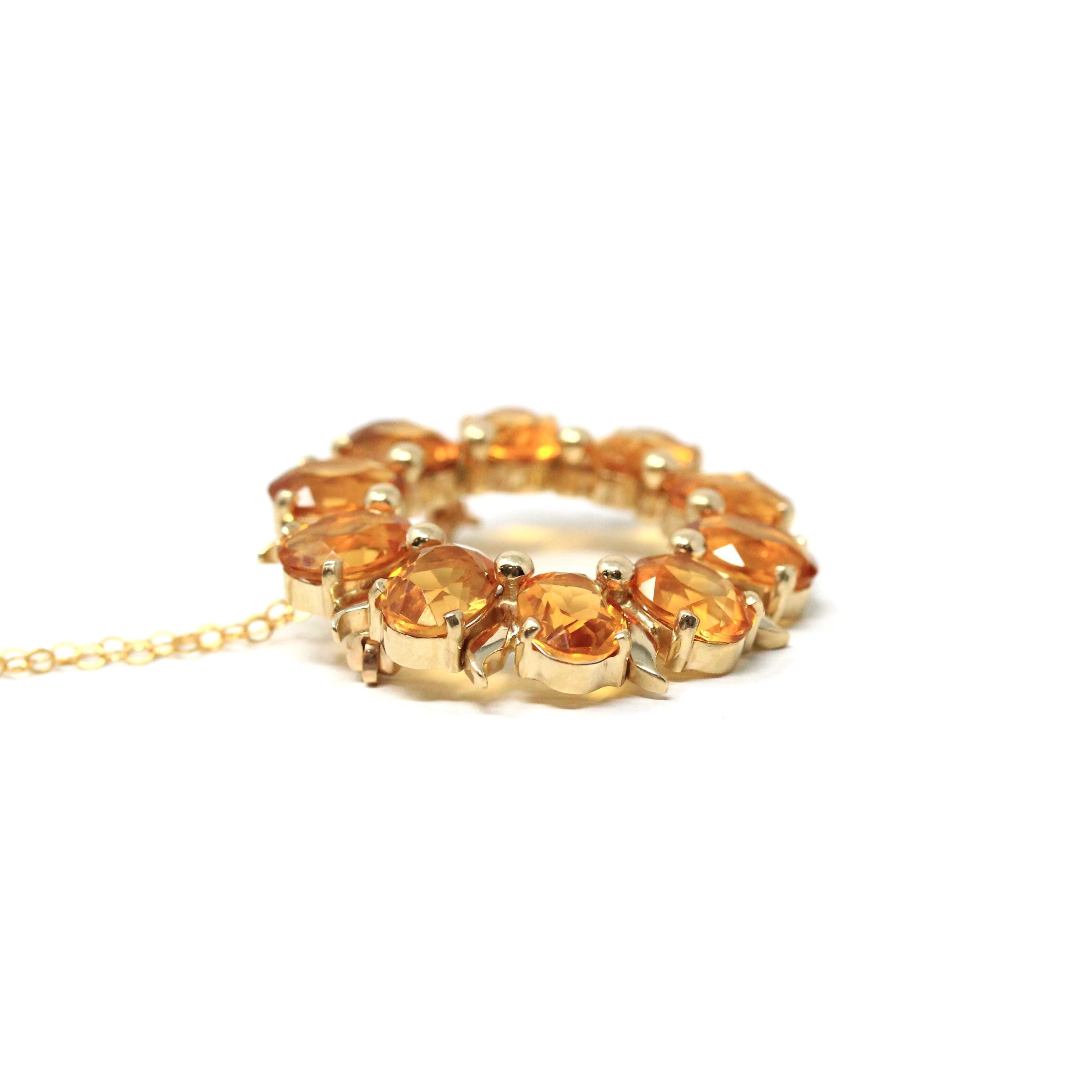 Citrine Wreath Pendant - Estate 14k Yellow White Two Tone Gold Natural Orange Gemstones - Circa 1980s Celestial Sun Brooch Necklace Jewelry