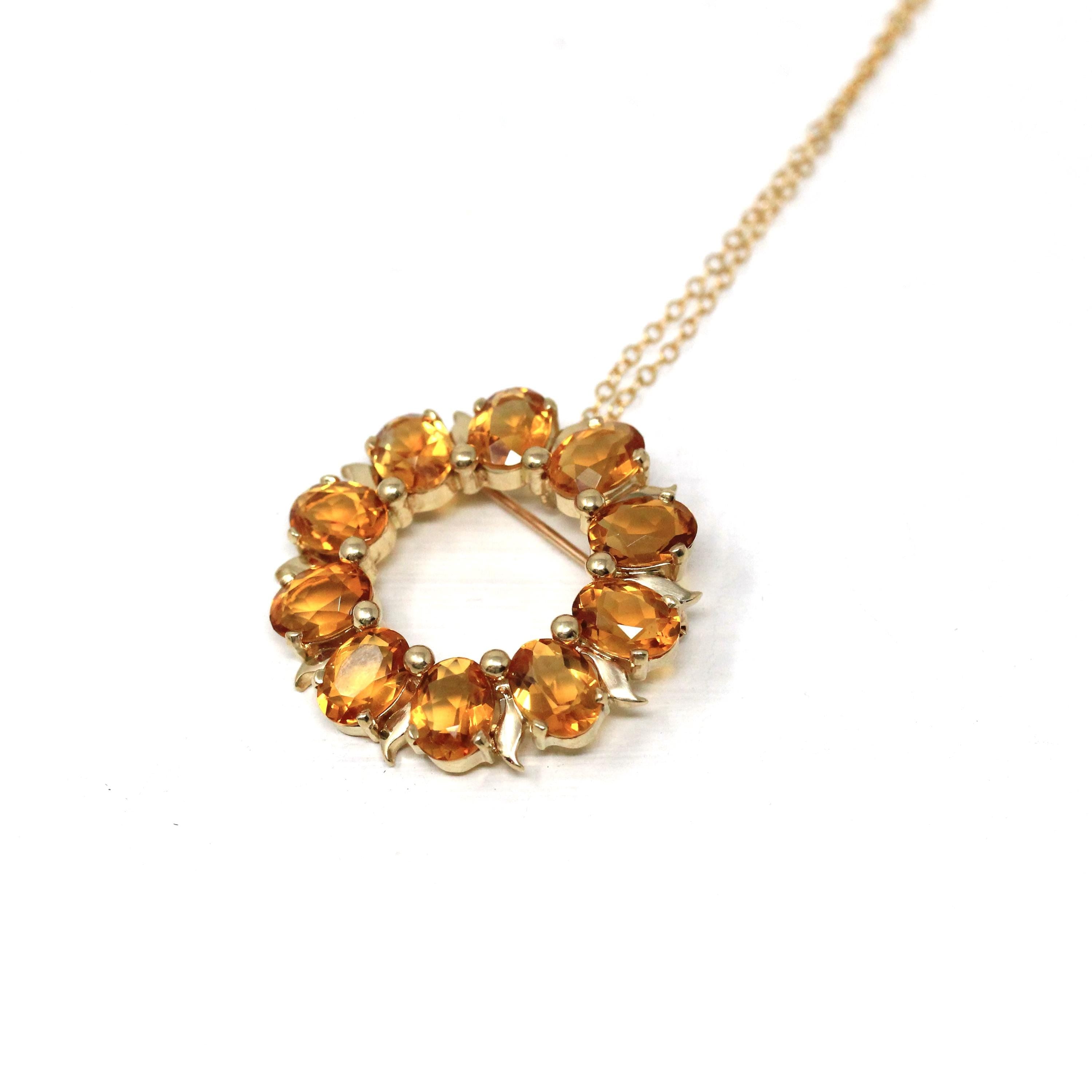 Citrine Wreath Pendant - Estate 14k Yellow White Two Tone Gold Natural Orange Gemstones - Circa 1980s Celestial Sun Brooch Necklace Jewelry