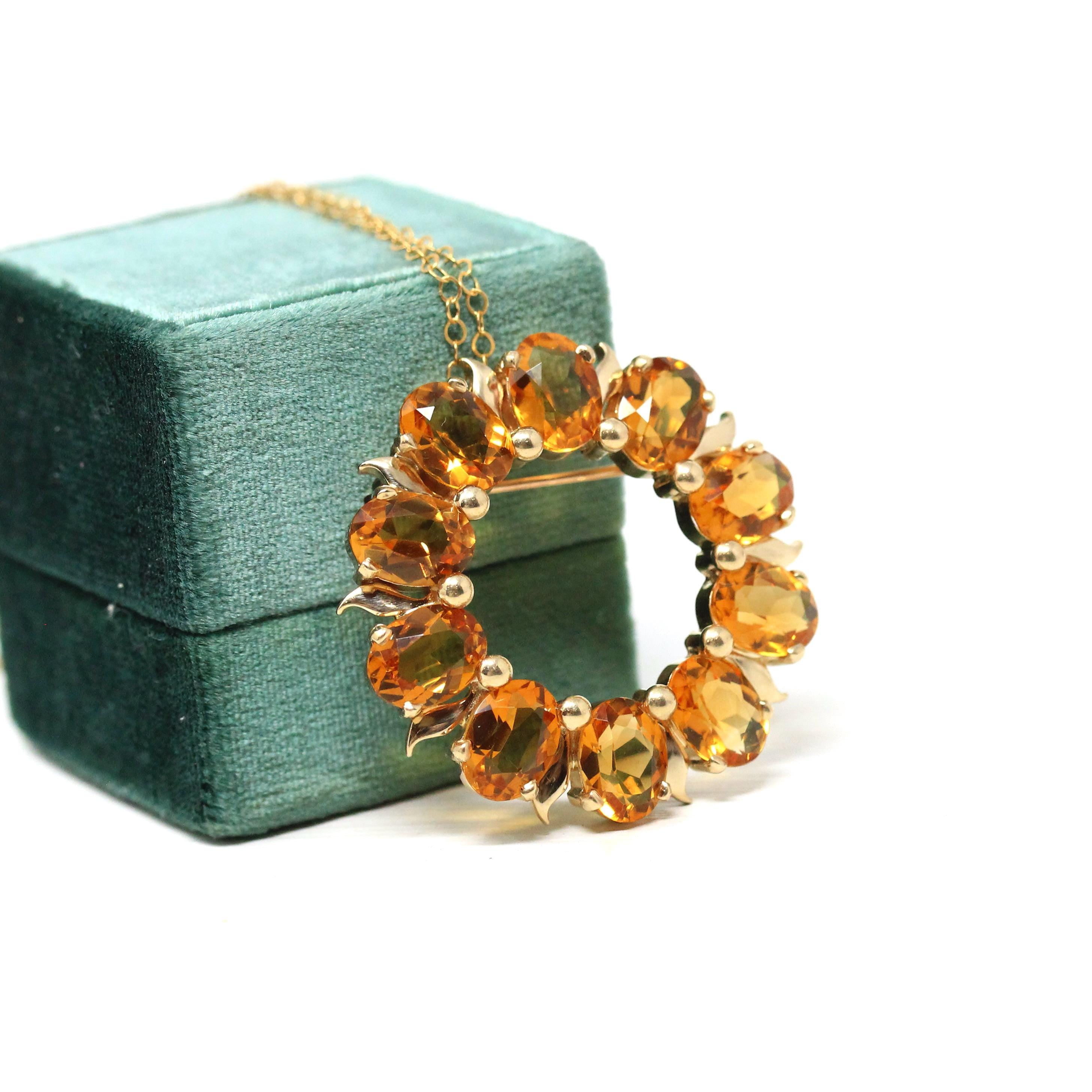 Citrine Wreath Pendant - Estate 14k Yellow White Two Tone Gold Natural Orange Gemstones - Circa 1980s Celestial Sun Brooch Necklace Jewelry