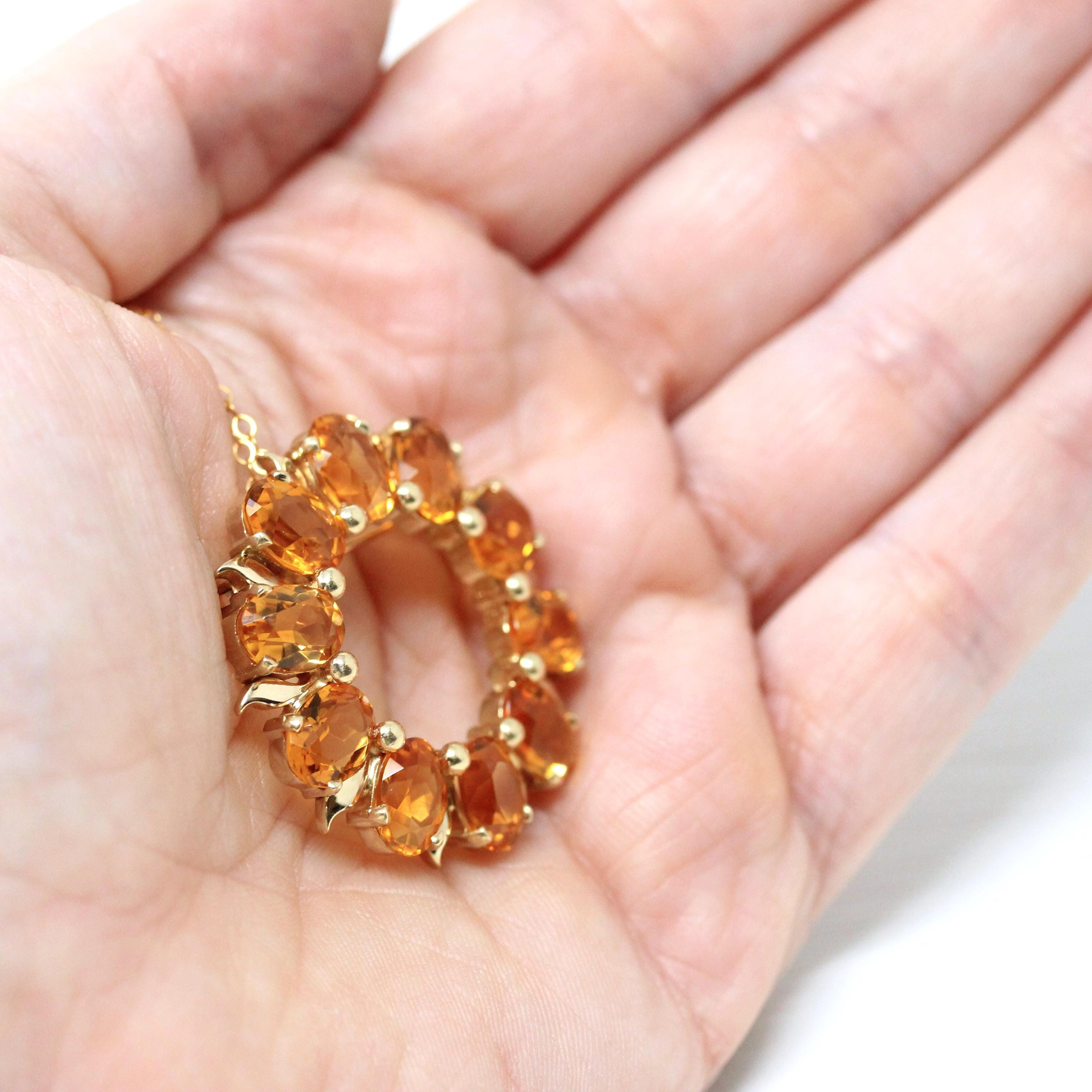 Citrine Wreath Pendant - Estate 14k Yellow White Two Tone Gold Natural Orange Gemstones - Circa 1980s Celestial Sun Brooch Necklace Jewelry