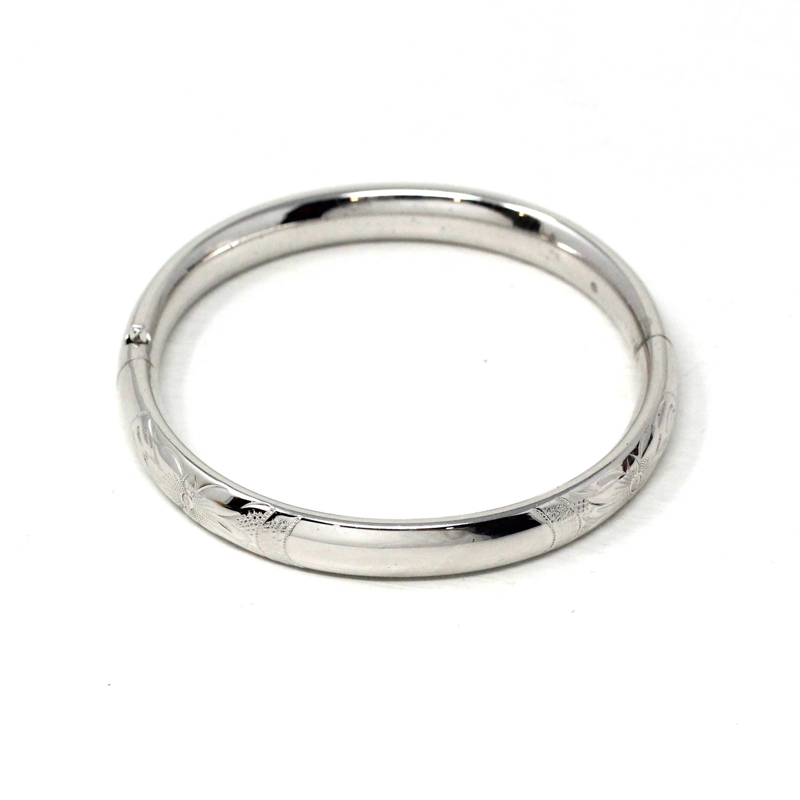 Vintage Flower Bangle - Retro Sterling Silver Engraved Nature Inspired Floral Design Bangle - Circa 1940s Era Statement Accessory Jewelry