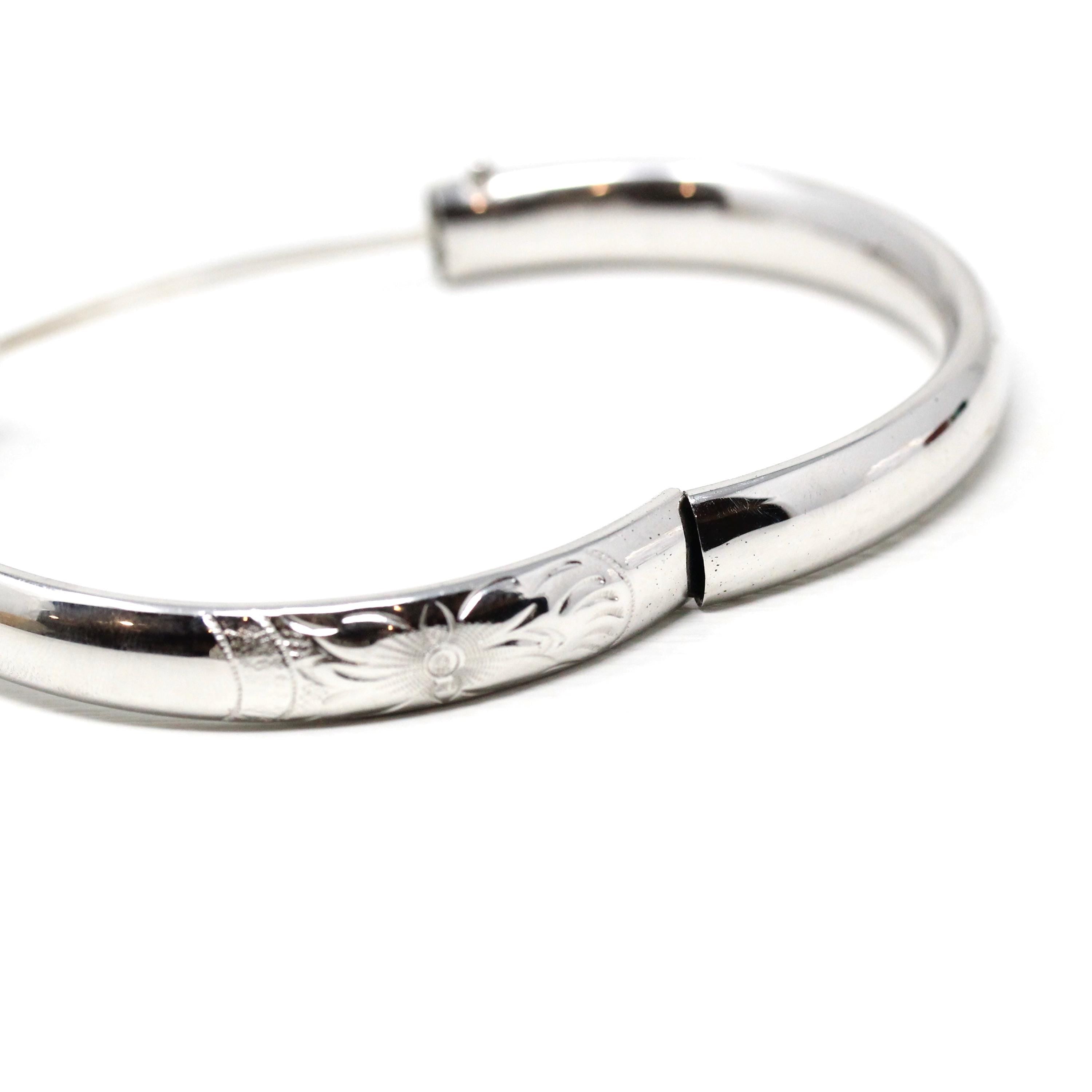 Vintage Flower Bangle - Retro Sterling Silver Engraved Nature Inspired Floral Design Bangle - Circa 1940s Era Statement Accessory Jewelry