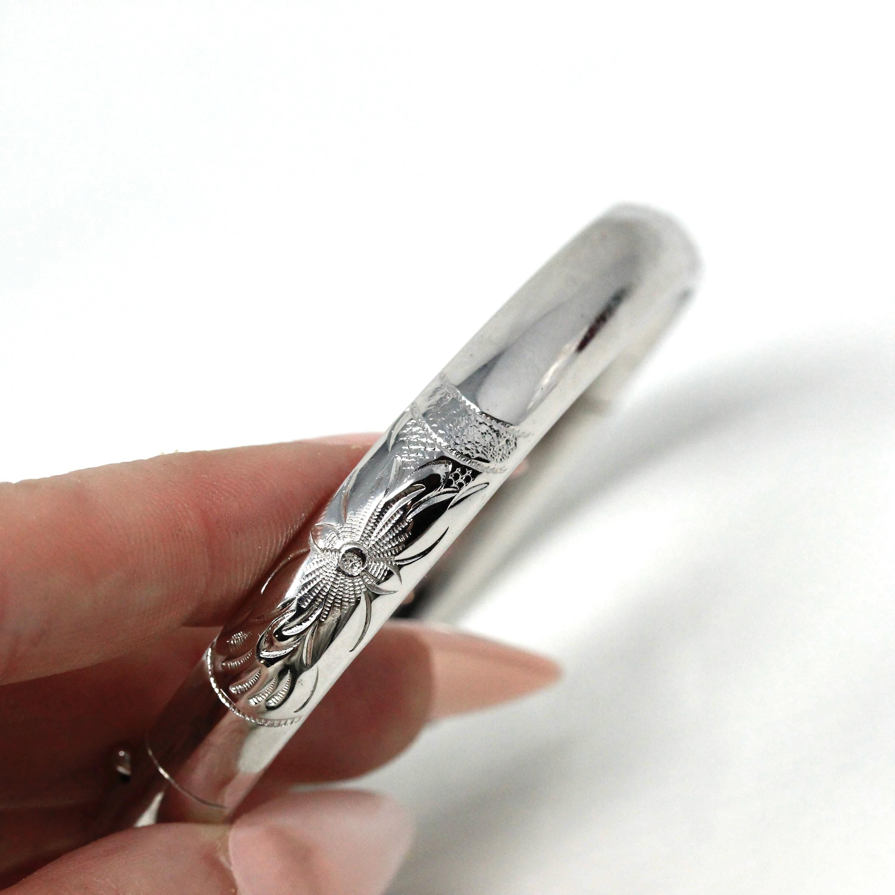 Vintage Flower Bangle - Retro Sterling Silver Engraved Nature Inspired Floral Design Bangle - Circa 1940s Era Statement Accessory Jewelry