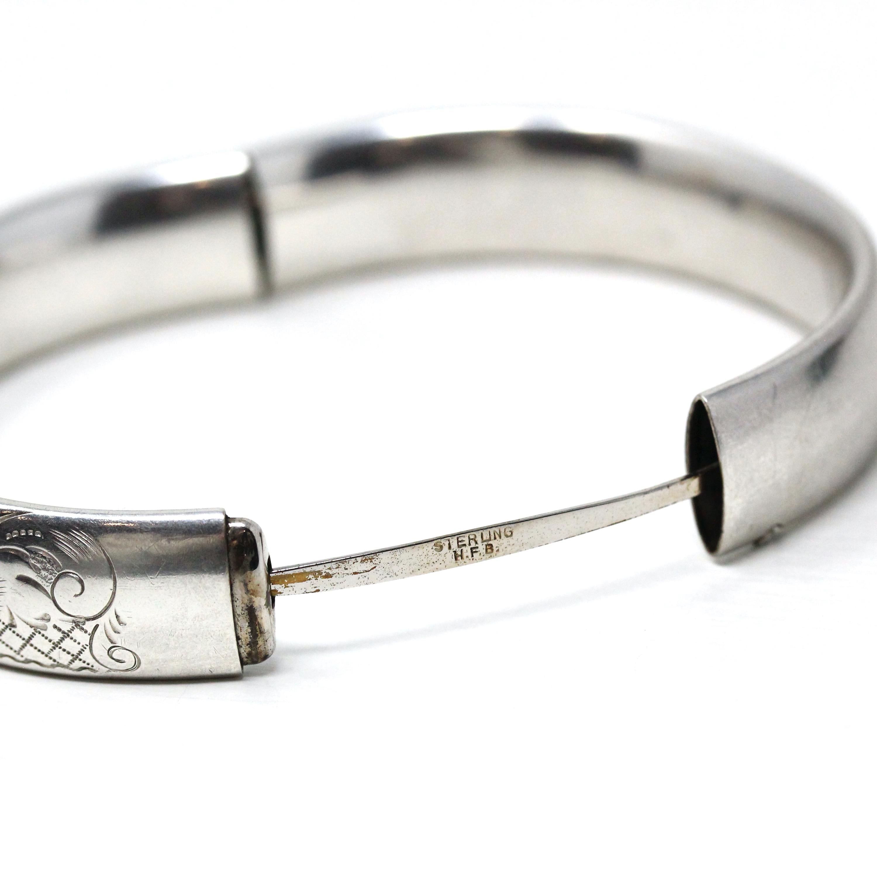 Vintage Bangle Bracelet - Retro Sterling Silver Engraved Nature Inspired Design Brushed Finish - Circa 1940s Era Statement Accessory Jewelry