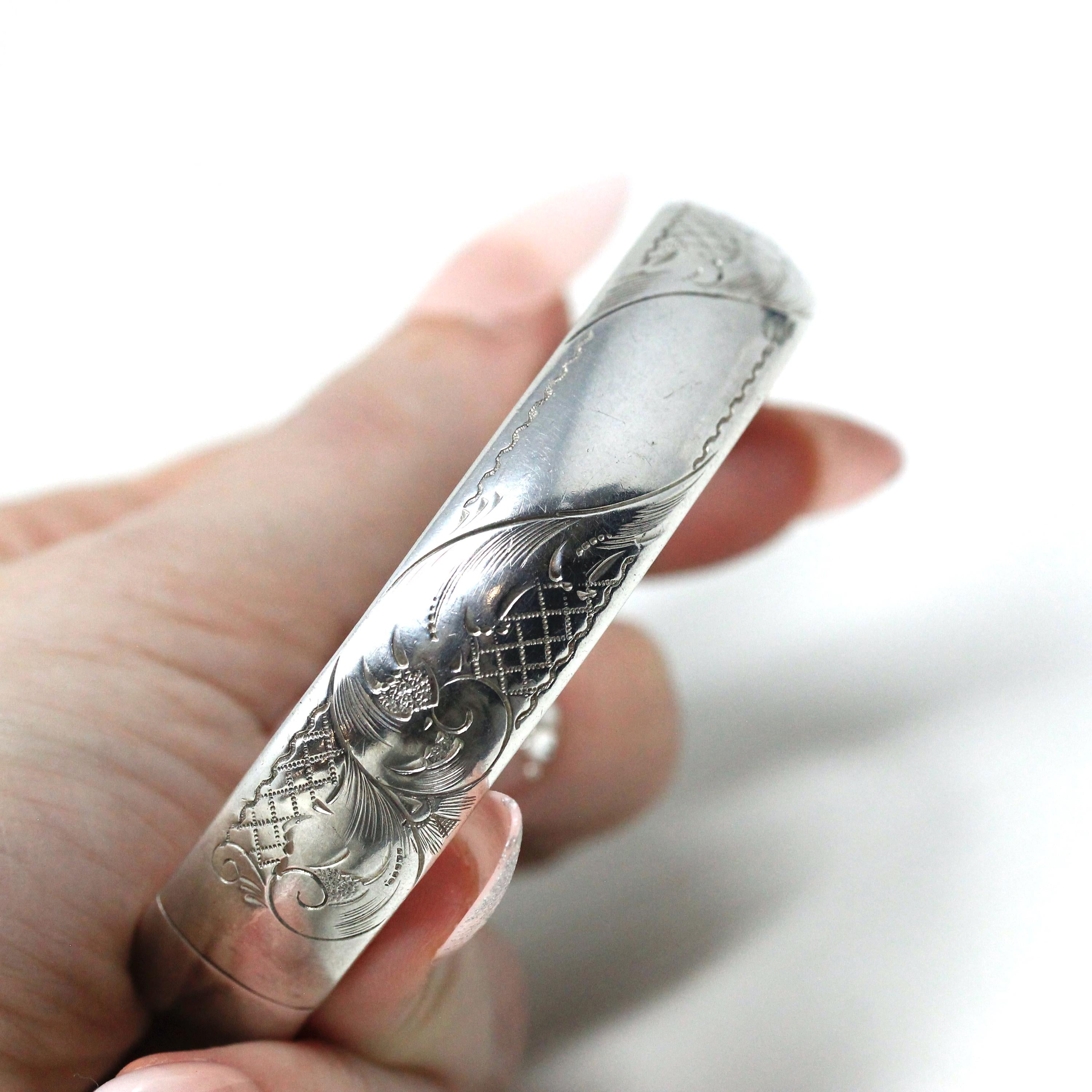 Vintage Bangle Bracelet - Retro Sterling Silver Engraved Nature Inspired Design Brushed Finish - Circa 1940s Era Statement Accessory Jewelry