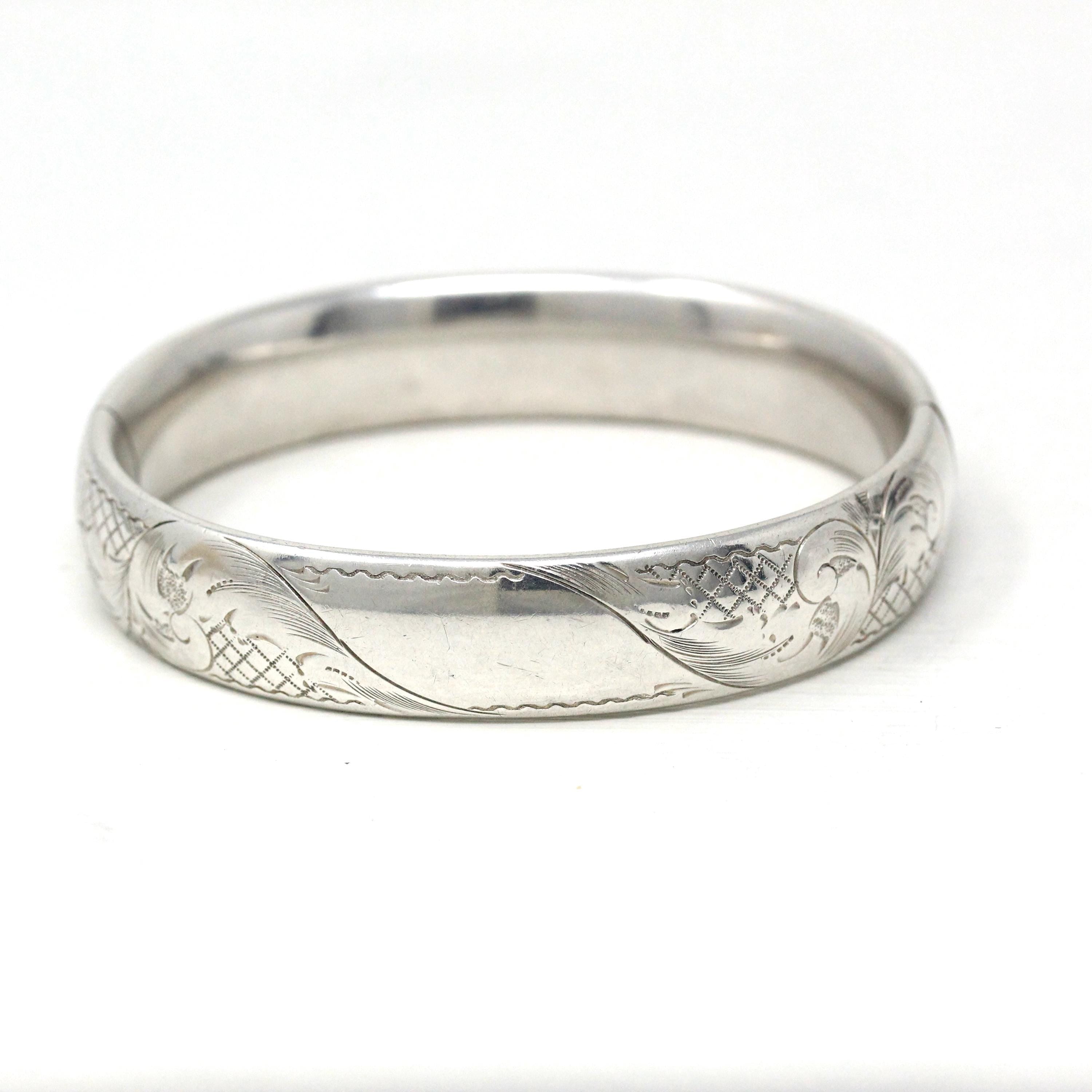 Vintage Bangle Bracelet - Retro Sterling Silver Engraved Nature Inspired Design Brushed Finish - Circa 1940s Era Statement Accessory Jewelry