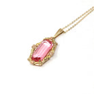 Simulated Pink Sapphire Necklace - Retro Era 10k Yellow & Rose Gold Glass Pendant - Vintage Circa 1940s September Birthstone Fine Jewelry