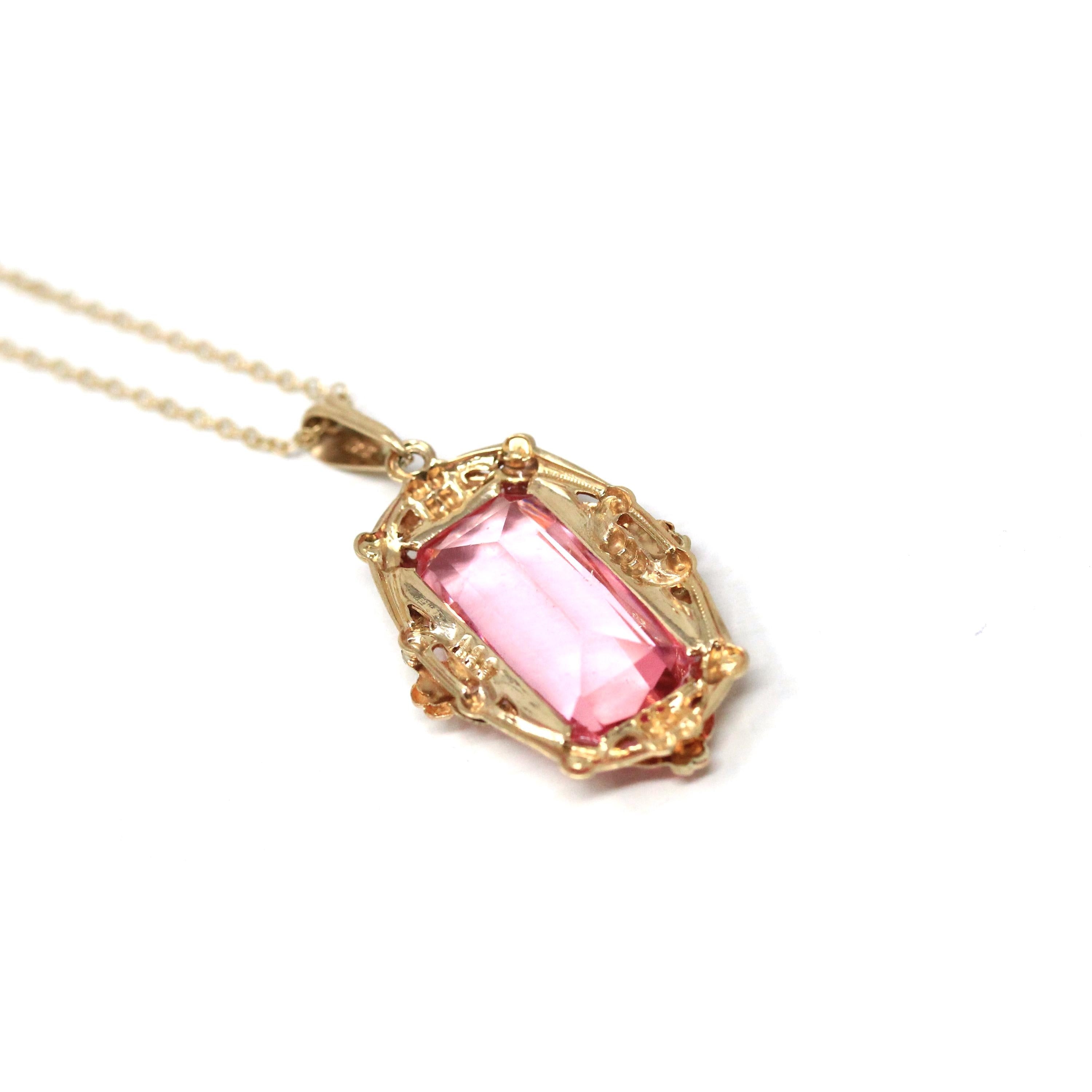 Simulated Pink Sapphire Necklace - Retro Era 10k Yellow & Rose Gold Glass Pendant - Vintage Circa 1940s September Birthstone Fine Jewelry