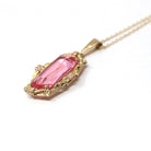 Simulated Pink Sapphire Necklace - Retro Era 10k Yellow & Rose Gold Glass Pendant - Vintage Circa 1940s September Birthstone Fine Jewelry