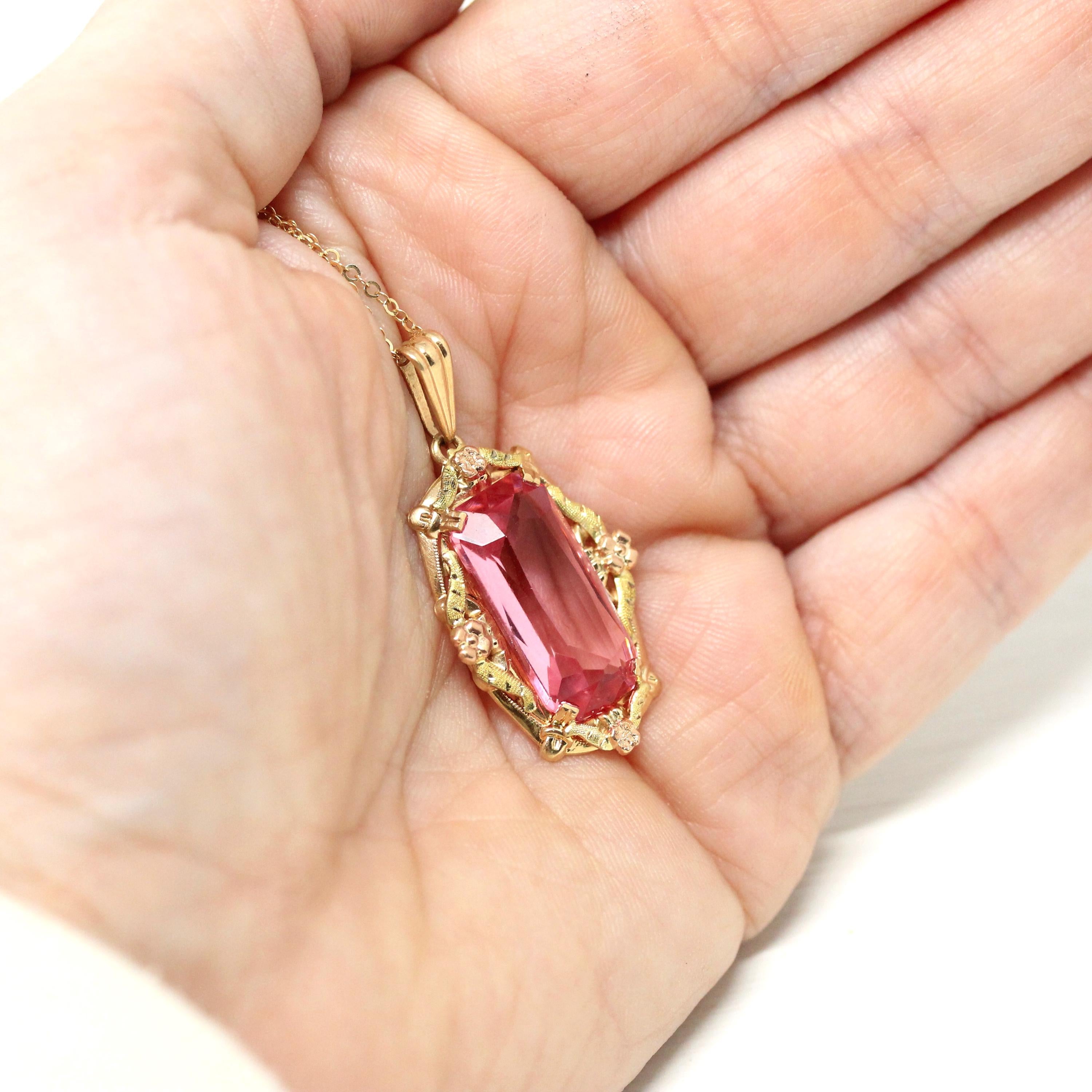 Simulated Pink Sapphire Necklace - Retro Era 10k Yellow & Rose Gold Glass Pendant - Vintage Circa 1940s September Birthstone Fine Jewelry