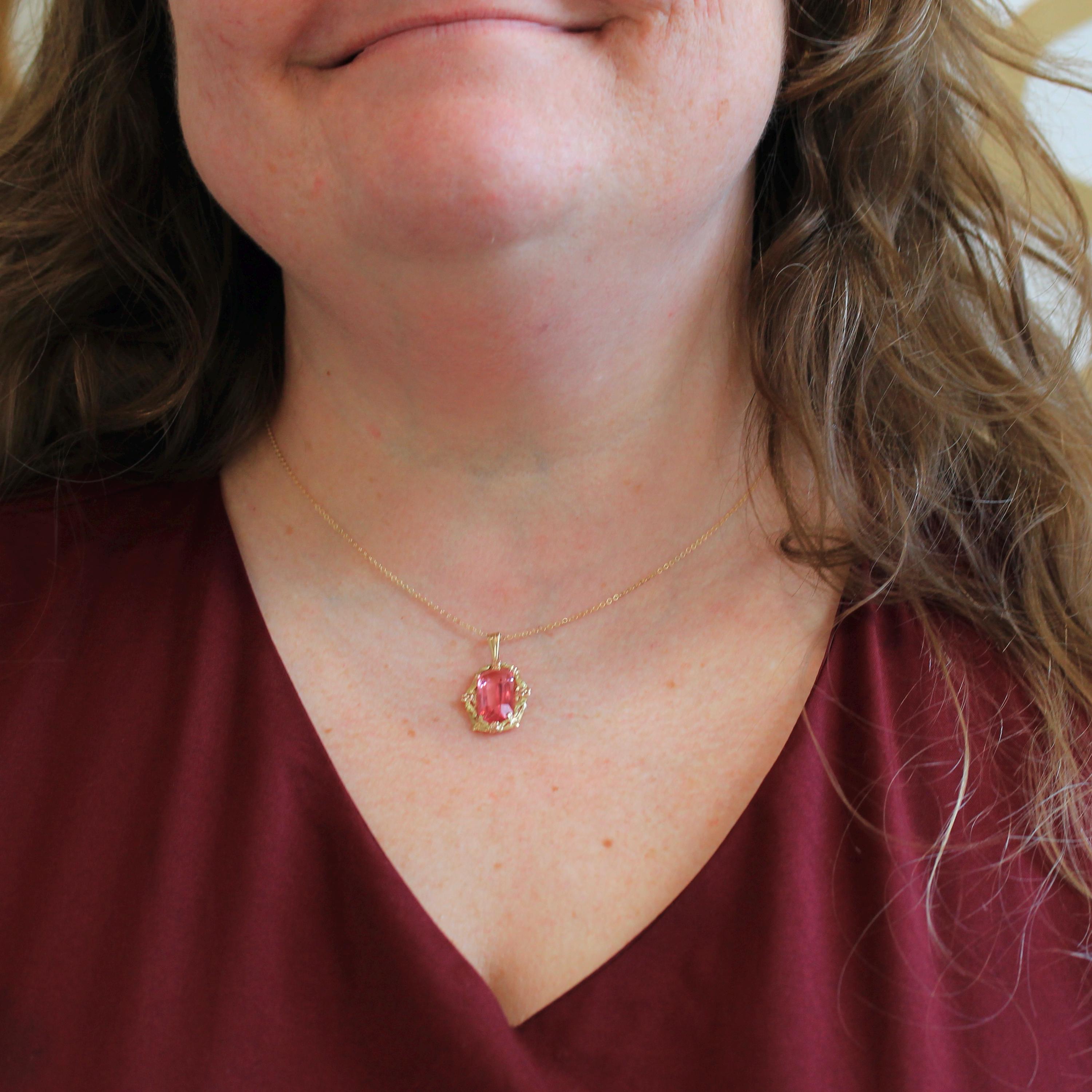 Simulated Pink Sapphire Necklace - Retro Era 10k Yellow & Rose Gold Glass Pendant - Vintage Circa 1940s September Birthstone Fine Jewelry