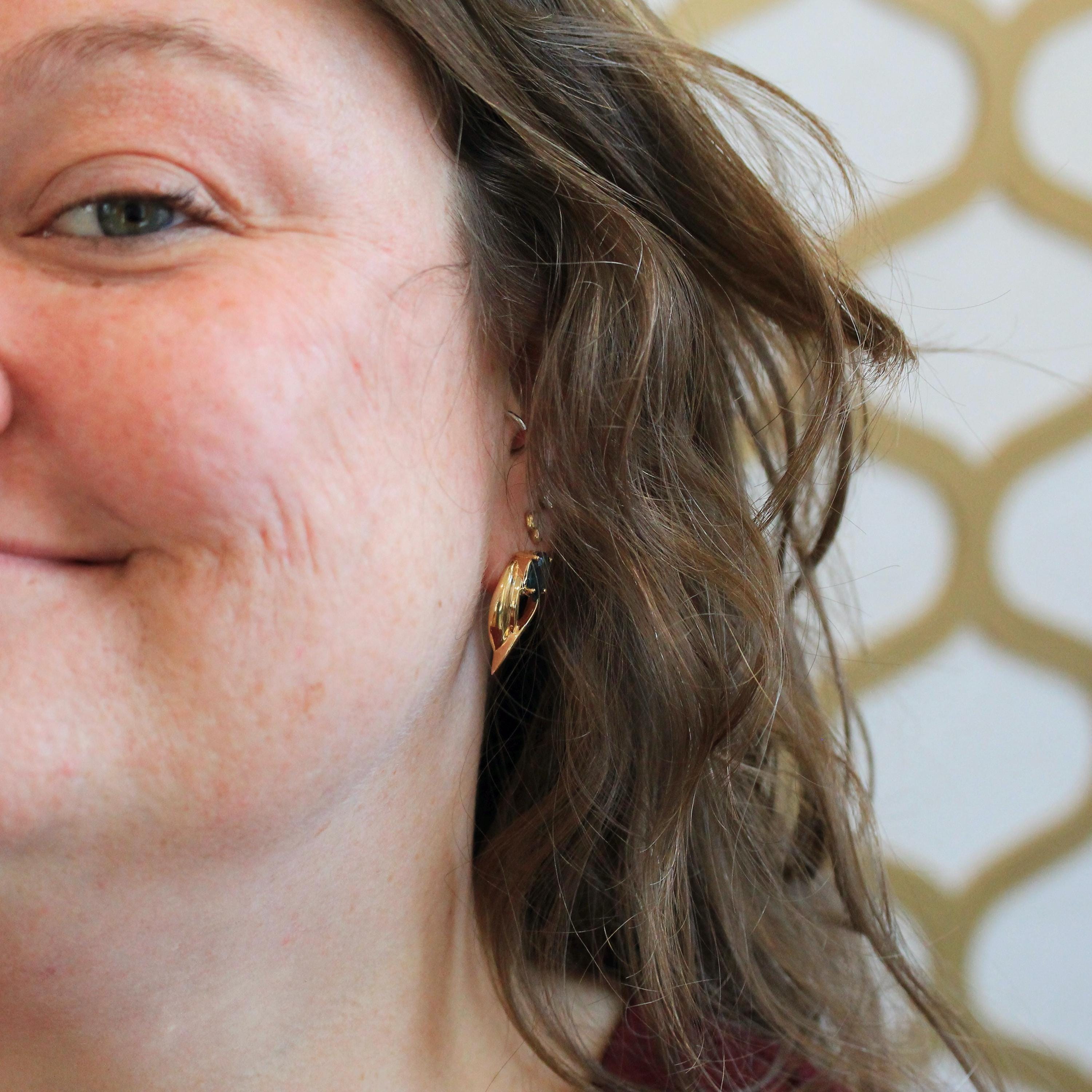 London Blue Topaz Earrings - Estate 14k Yellow Gold Natural Pear Shape Gemstone Studs - Modern 2000s Era Pierced Push Back Fine Jewelry