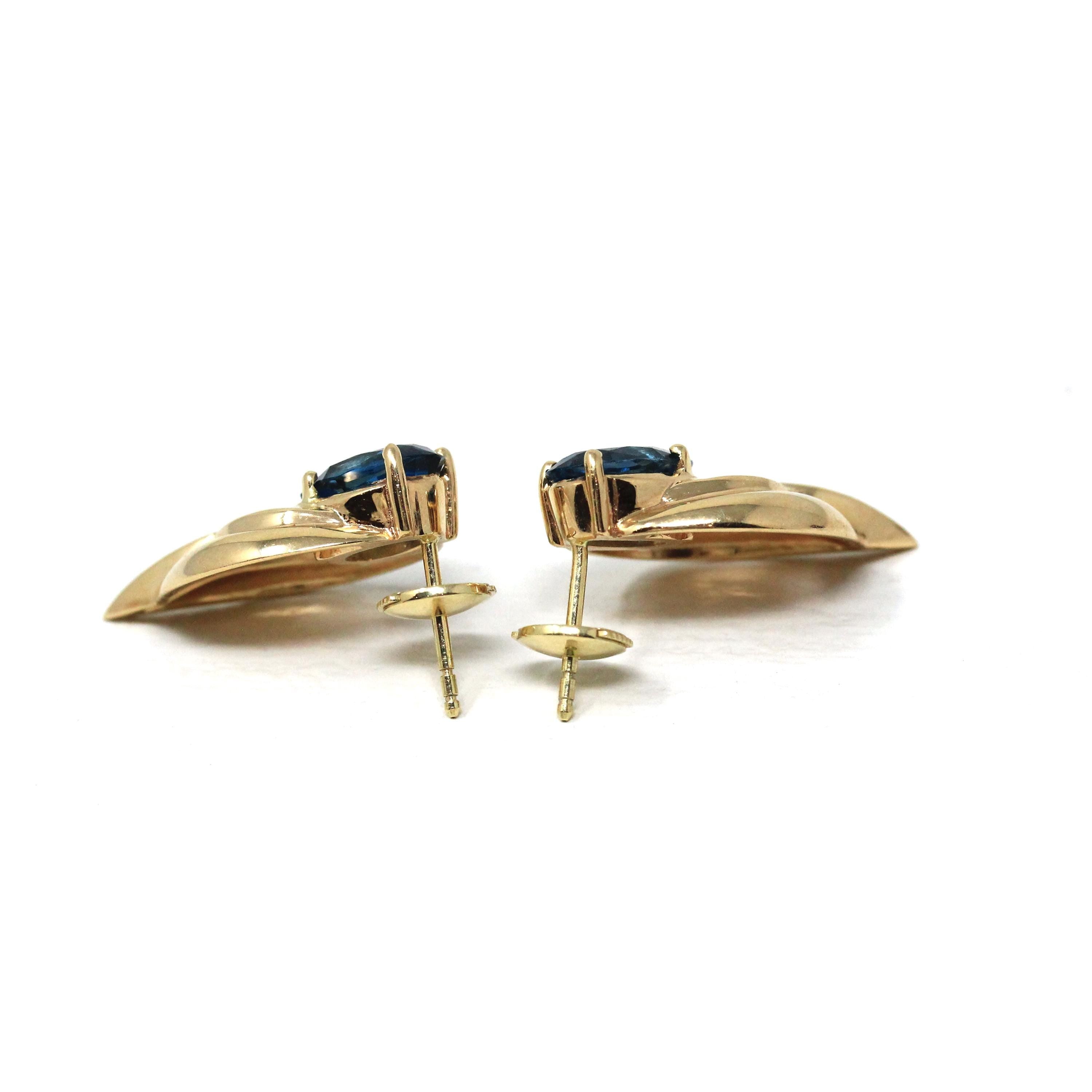 London Blue Topaz Earrings - Estate 14k Yellow Gold Natural Pear Shape Gemstone Studs - Modern 2000s Era Pierced Push Back Fine Jewelry