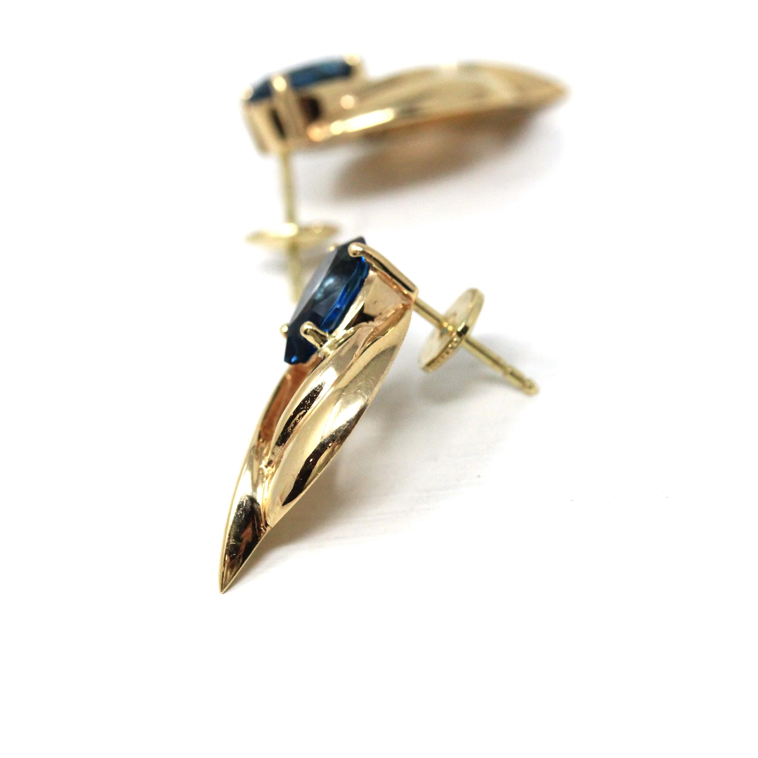 London Blue Topaz Earrings - Estate 14k Yellow Gold Natural Pear Shape Gemstone Studs - Modern 2000s Era Pierced Push Back Fine Jewelry