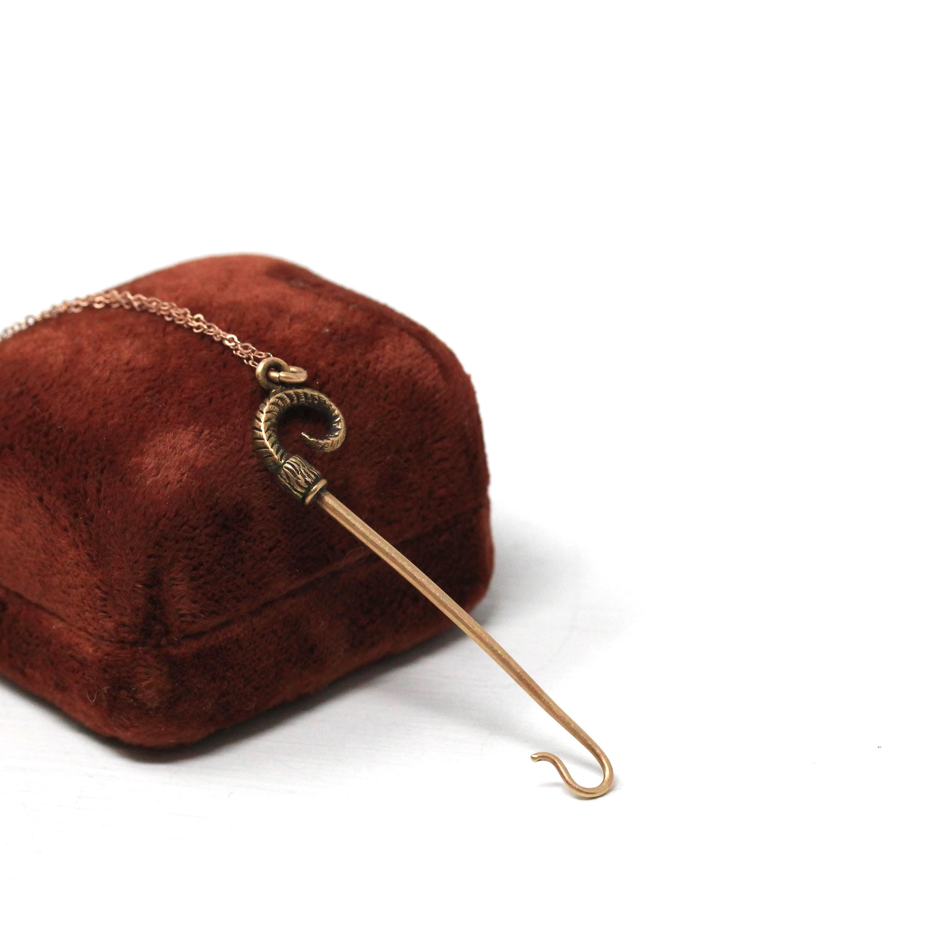 Victorian Hook Pendant - Antique 14k Rose Gold Ladies Utility Chatelaine Charm Necklace - Circa 1890s Dainty Fine Lady Of The Castle Jewelry