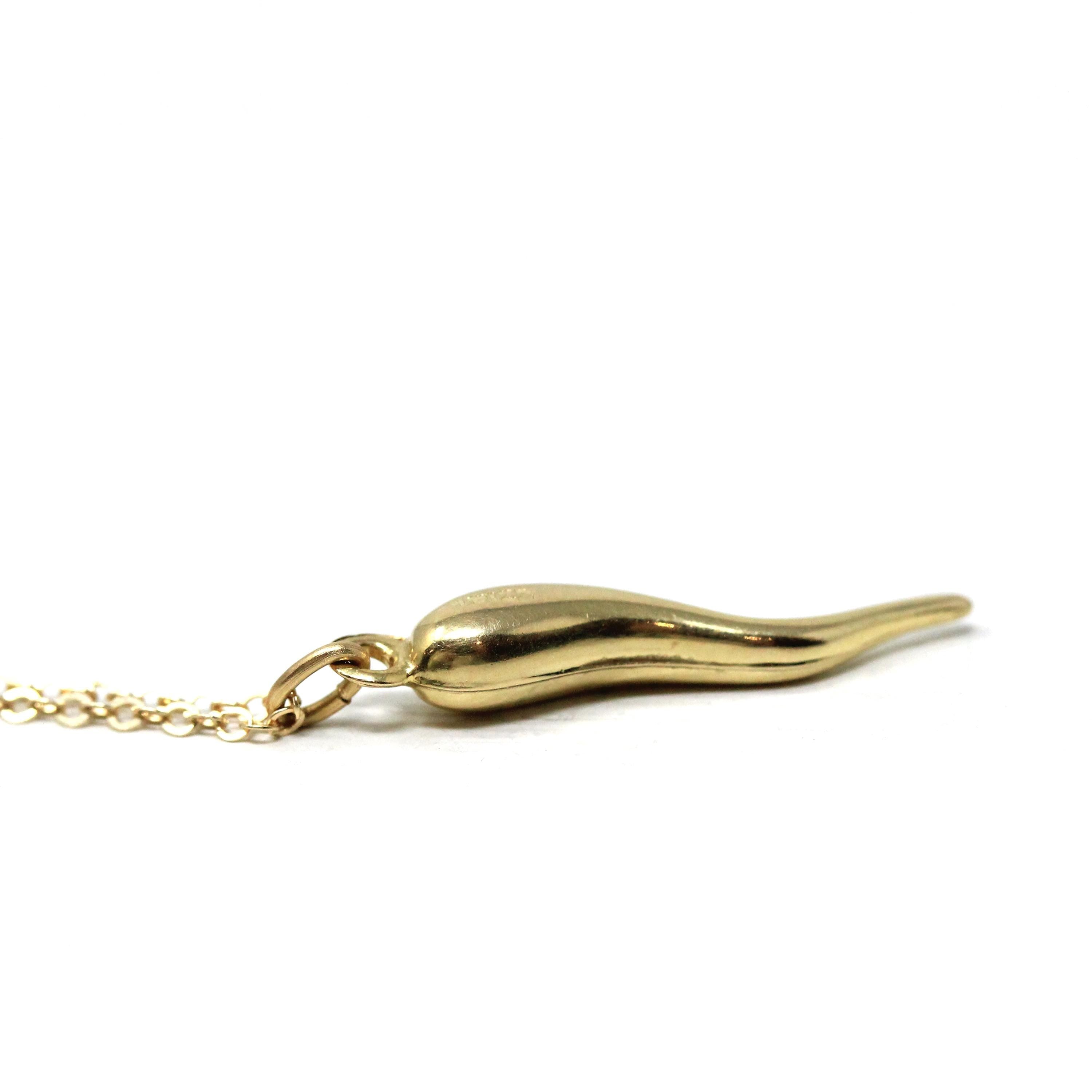 Italian Horn Charm - Retro 14k Yellow Gold Italy Cornicello Good Luck Pendant Necklace - Vintage Circa 1970s Ward Off Evil Amulet Jewelry