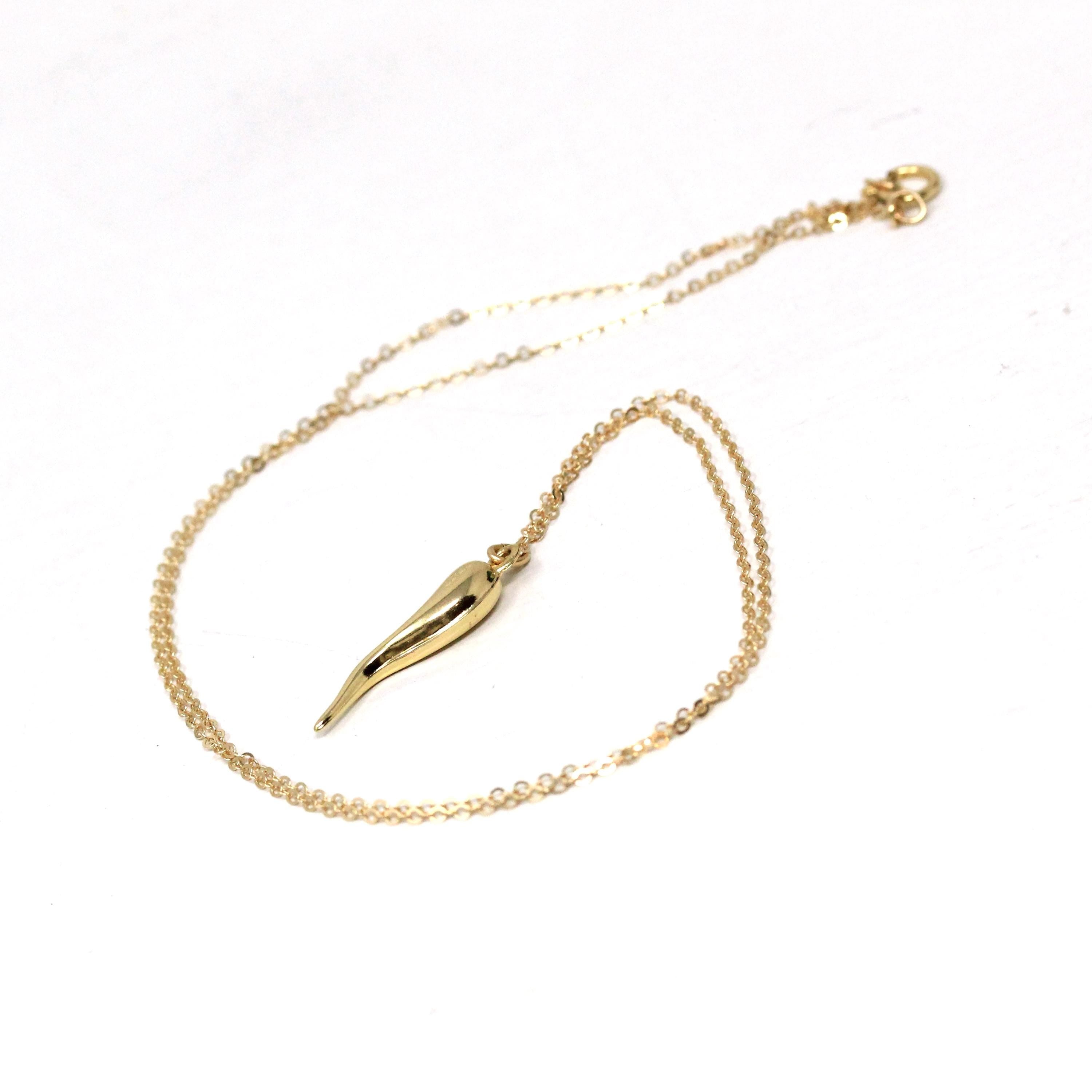 Italian Horn Charm - Retro 14k Yellow Gold Italy Cornicello Good Luck Pendant Necklace - Vintage Circa 1970s Ward Off Evil Amulet Jewelry
