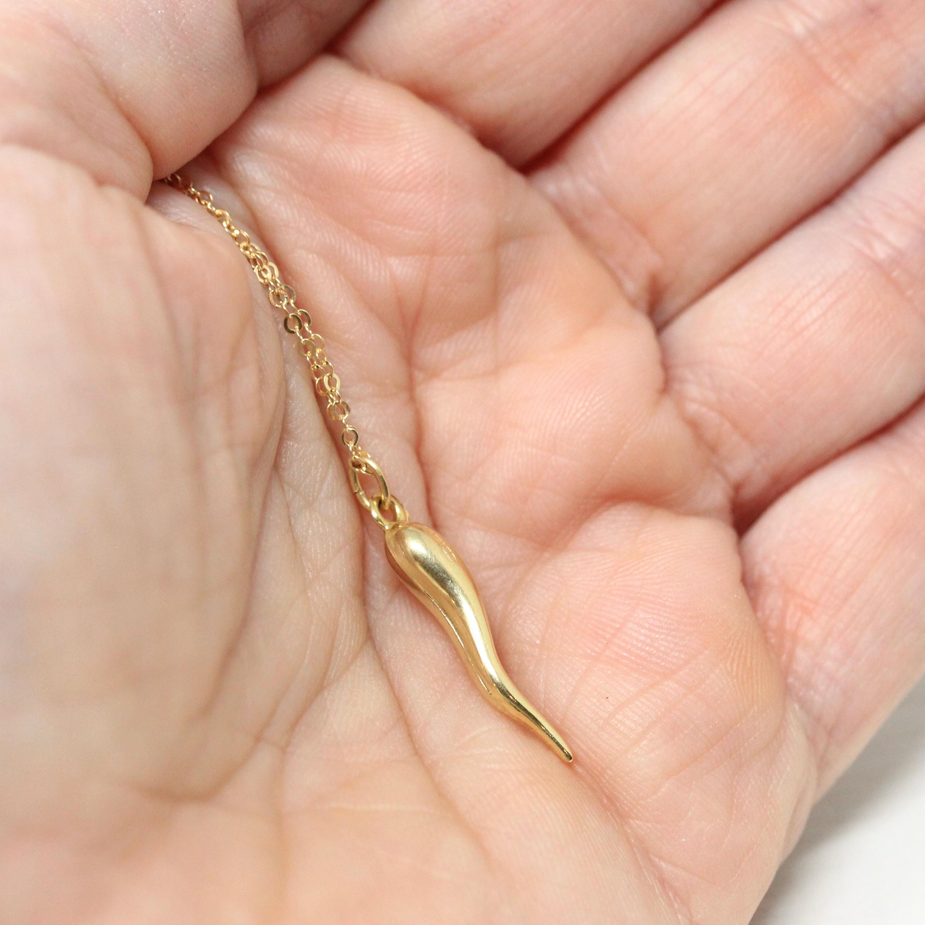 Italian Horn Charm - Retro 14k Yellow Gold Italy Cornicello Good Luck Pendant Necklace - Vintage Circa 1970s Ward Off Evil Amulet Jewelry