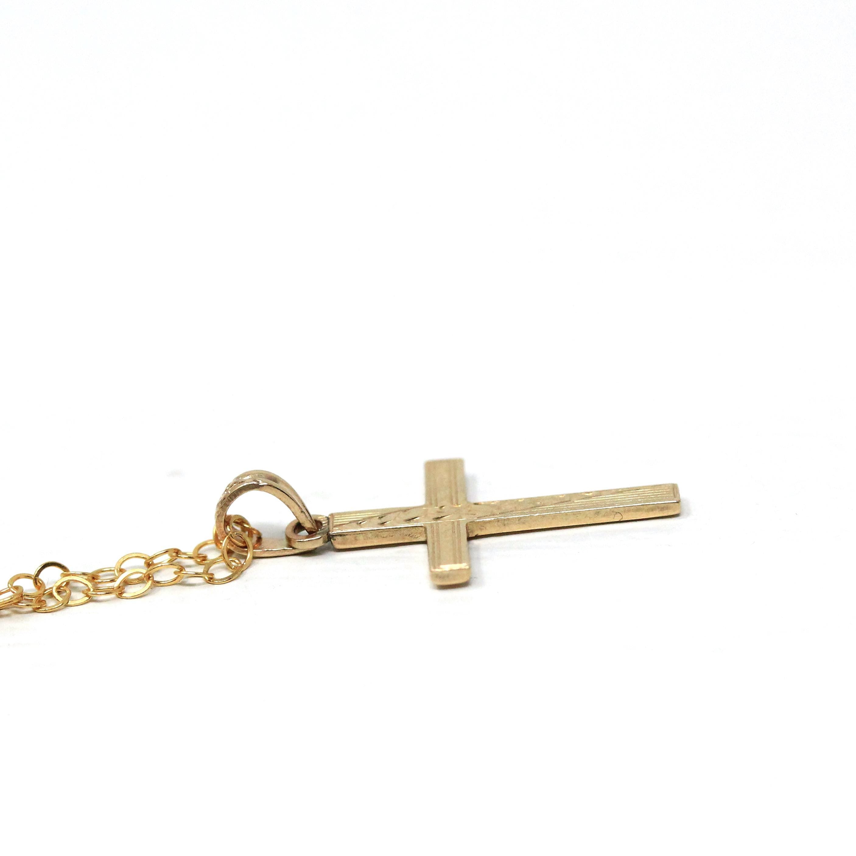 Vintage Cross Necklace - Retro 10k Yellow Gold Engraved Etched Pendant Charm - Circa 1940s Era Petite Dainty Religious Faith Esemco Jewelry