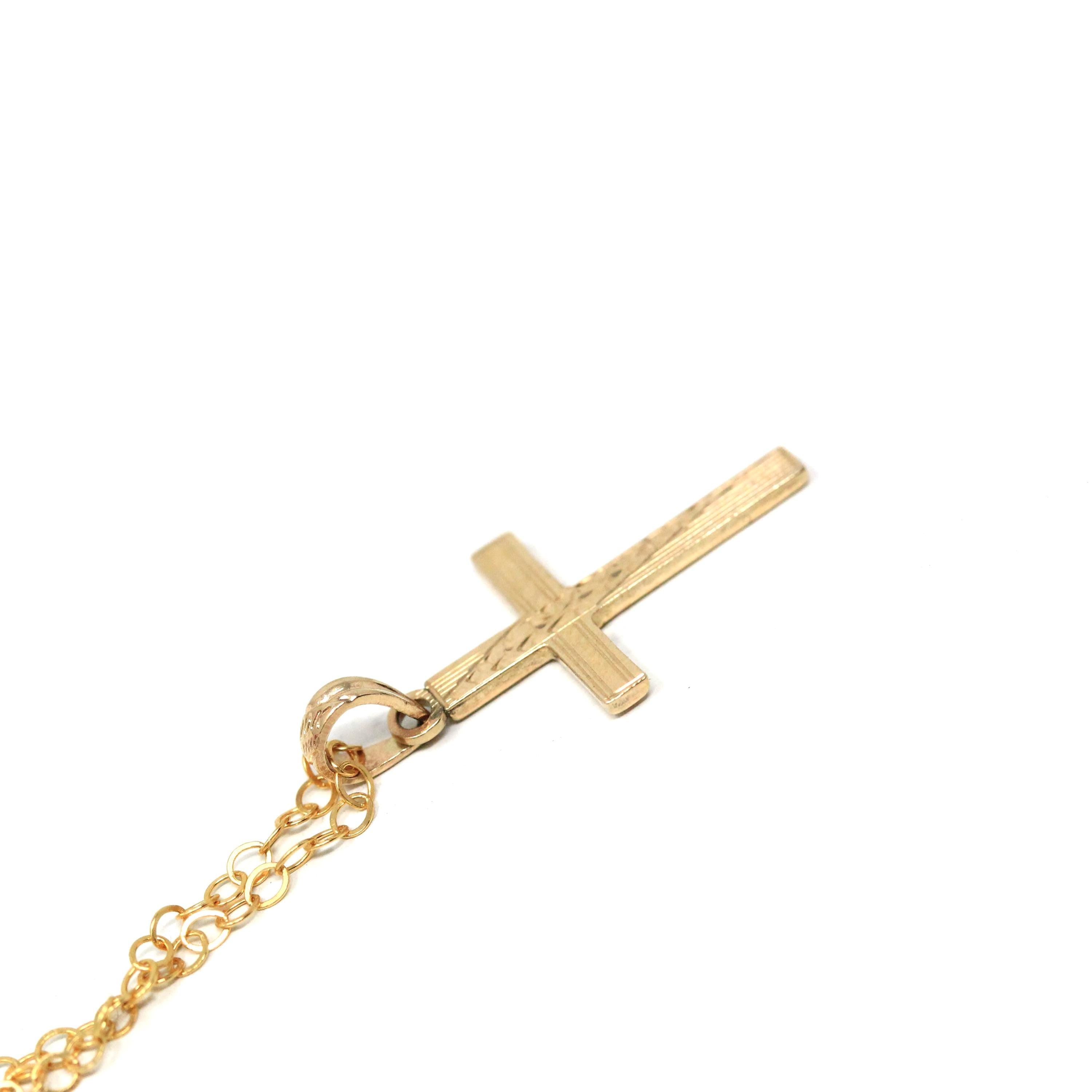 Vintage Cross Necklace - Retro 10k Yellow Gold Engraved Etched Pendant Charm - Circa 1940s Era Petite Dainty Religious Faith Esemco Jewelry