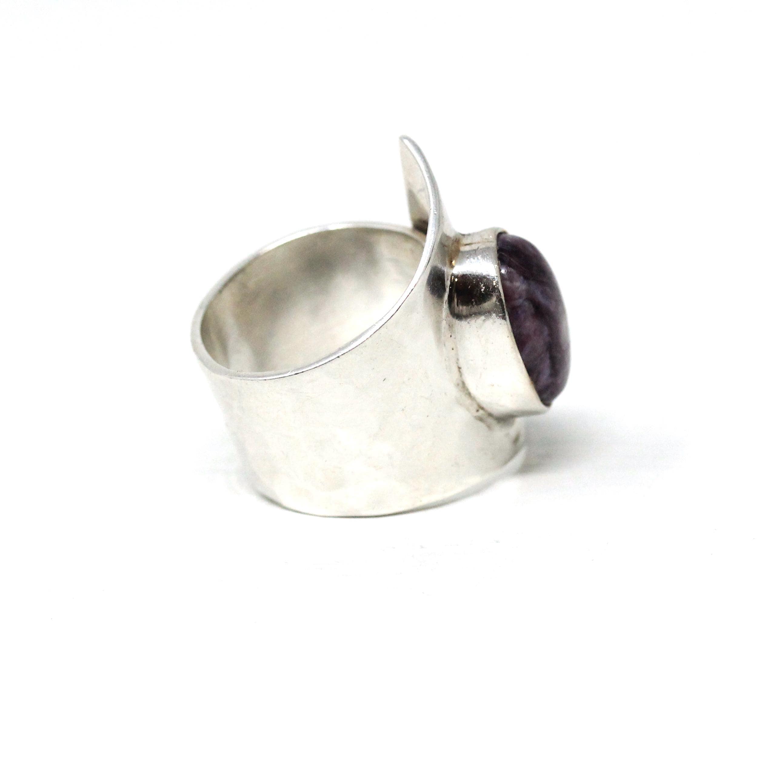 Modern Charoite Ring - Estate Sterling Silver Natural Cabochon Gemstone - Circa 2000s Era Y2K Asymmetrical Adjustable Wrap Statement Jewelry