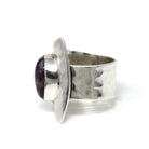 Modern Charoite Ring - Estate Sterling Silver Natural Cabochon Gemstone - Circa 2000s Era Y2K Asymmetrical Adjustable Wrap Statement Jewelry