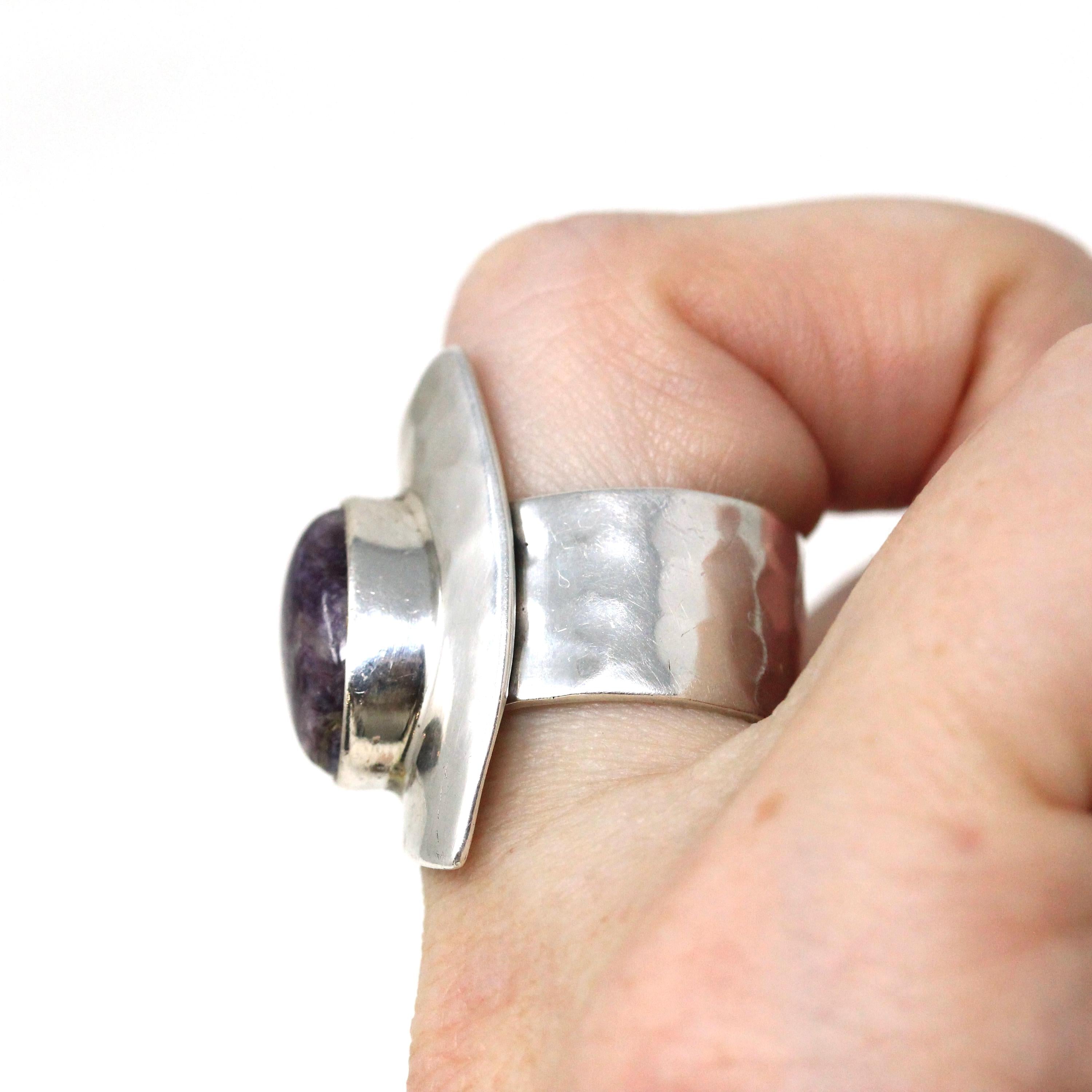 Modern Charoite Ring - Estate Sterling Silver Natural Cabochon Gemstone - Circa 2000s Era Y2K Asymmetrical Adjustable Wrap Statement Jewelry