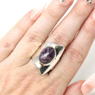 Modern Charoite Ring - Estate Sterling Silver Natural Cabochon Gemstone - Circa 2000s Era Y2K Asymmetrical Adjustable Wrap Statement Jewelry