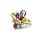 Rainbow Gemstone Ring - Modern 9k Yellow Gold Multi Color Gemstones - Hallmarked 2001 Size 8 1/4 Fine Floral Statement Birmingham Jewelry