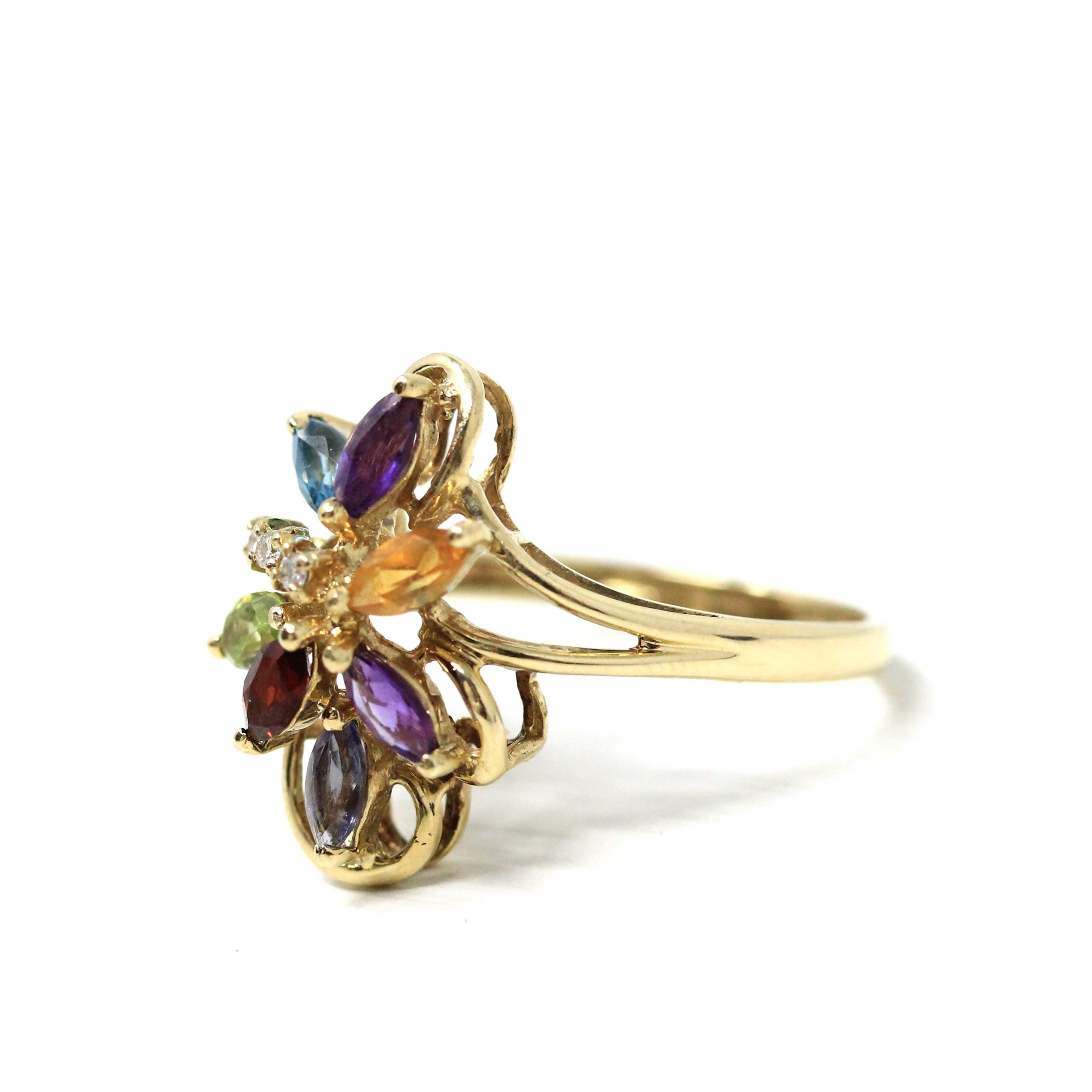 Rainbow Gemstone Ring - Modern 9k Yellow Gold Multi Color Gemstones - Hallmarked 2001 Size 8 1/4 Fine Floral Statement Birmingham Jewelry