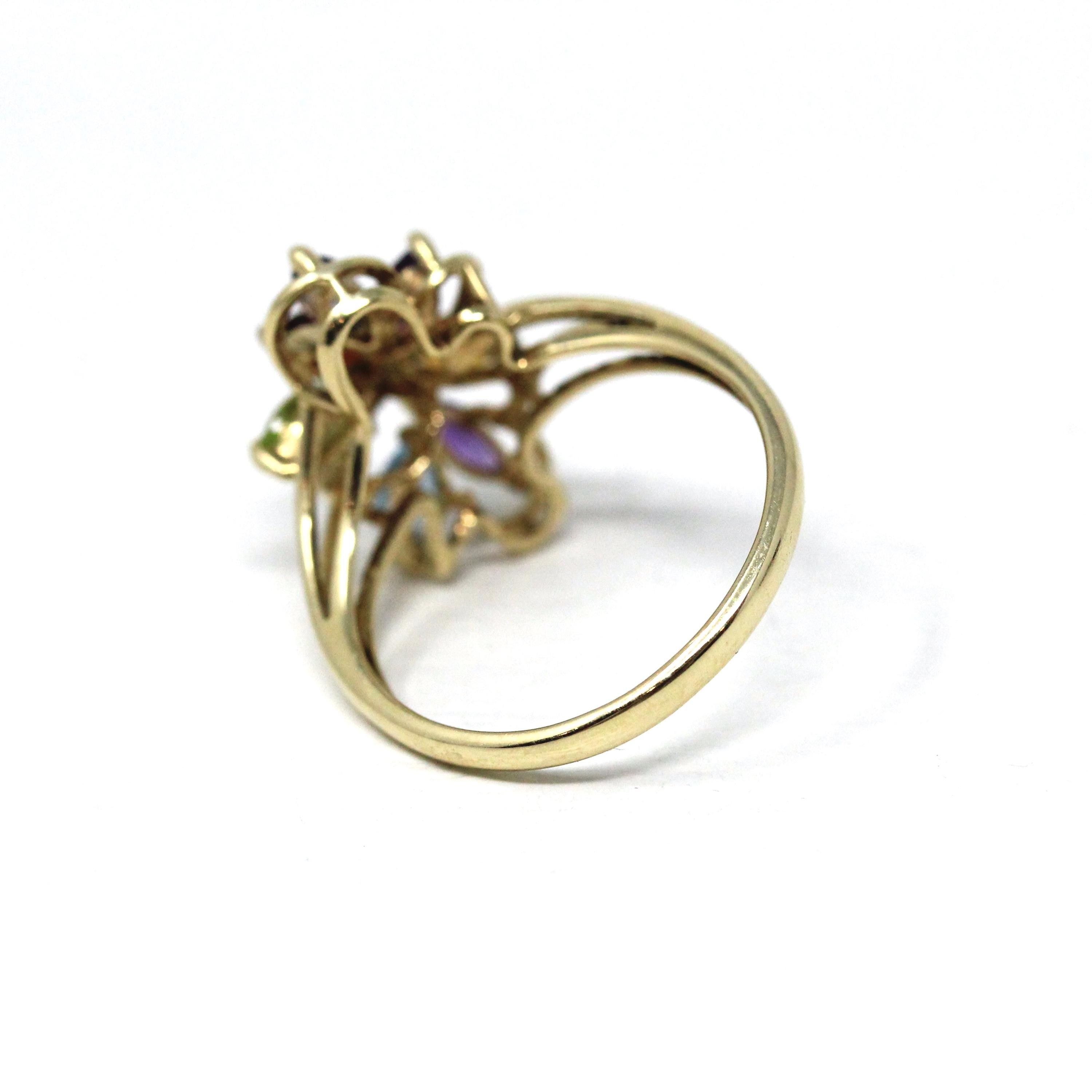 Rainbow Gemstone Ring - Modern 9k Yellow Gold Multi Color Gemstones - Hallmarked 2001 Size 8 1/4 Fine Floral Statement Birmingham Jewelry